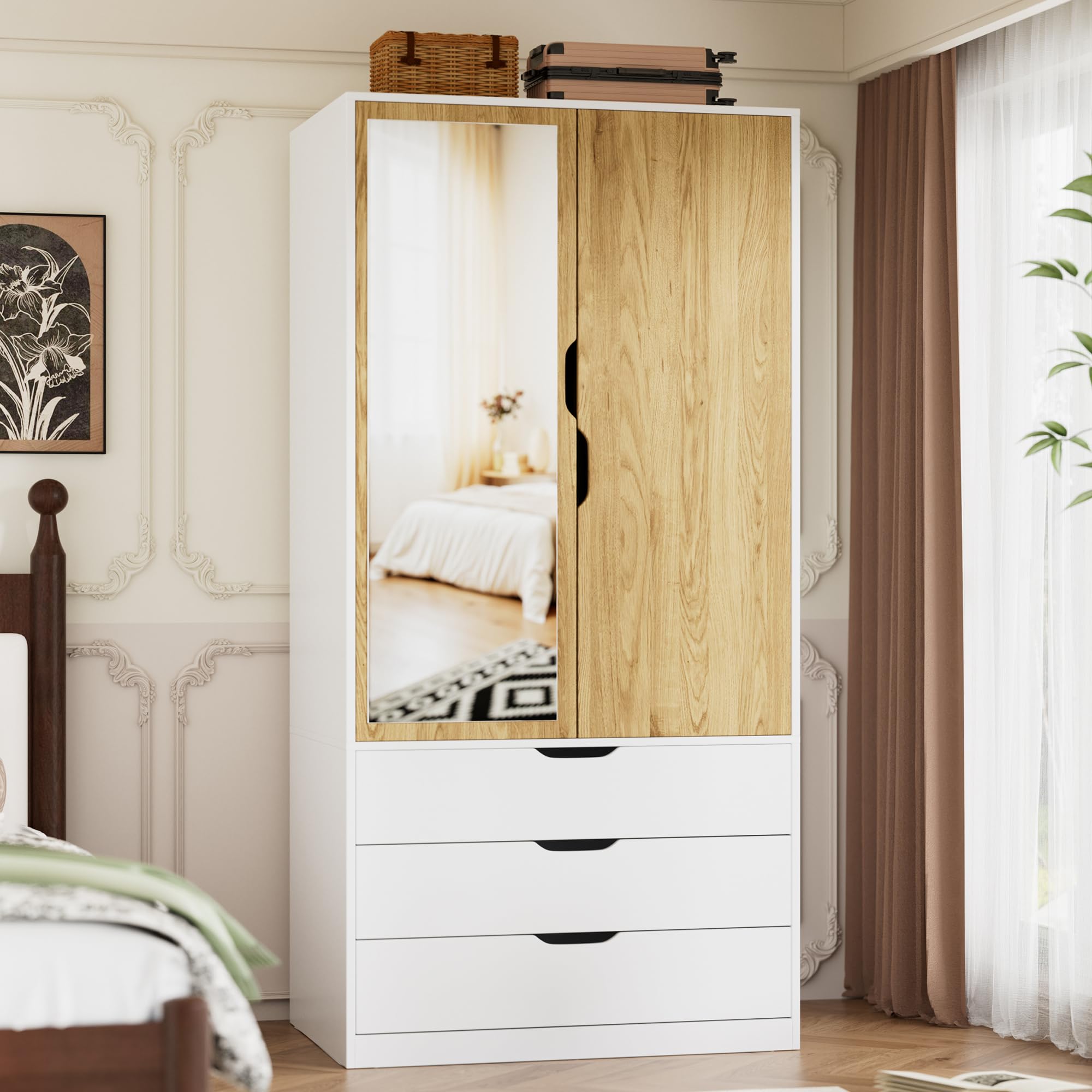 Kleiderschrank Weiß, Garderobenschrank 2-türiger mit Spiegel | Beleuchtung mit Bewegungsmelder | 3 Schubladen, Moderner Wardrobe Schrank für Schlafzimmer, Kinderzimmer, Flur | 80 x 180 x 50 cm (B/H/T)