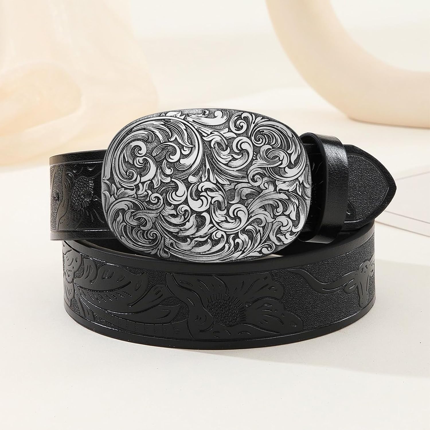 Engraved Oval Flower Belt Buckle Western Cowgirl Cowboy Belt Buckle for Women Girls Belts