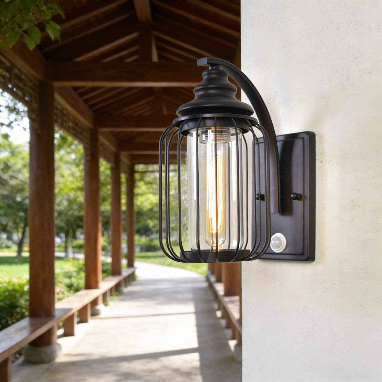 E27 Zewnętrzna lampa ścienna z czujnikiem ruchu IP65 wodoodporna oprawa ścienna czarna metalowa klatka i klosz szkło retro oświetlenie ścienne do willi na taras ogrodowy (czarny, 1 sztuka)
