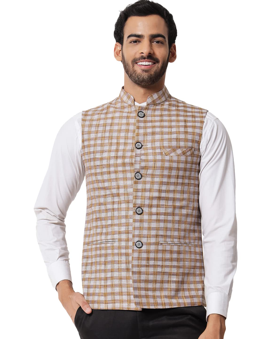 vastraa fusion Mens Handloom Block Check Print Nehru Jacket - (VS4802_40_Grey)-picture-46