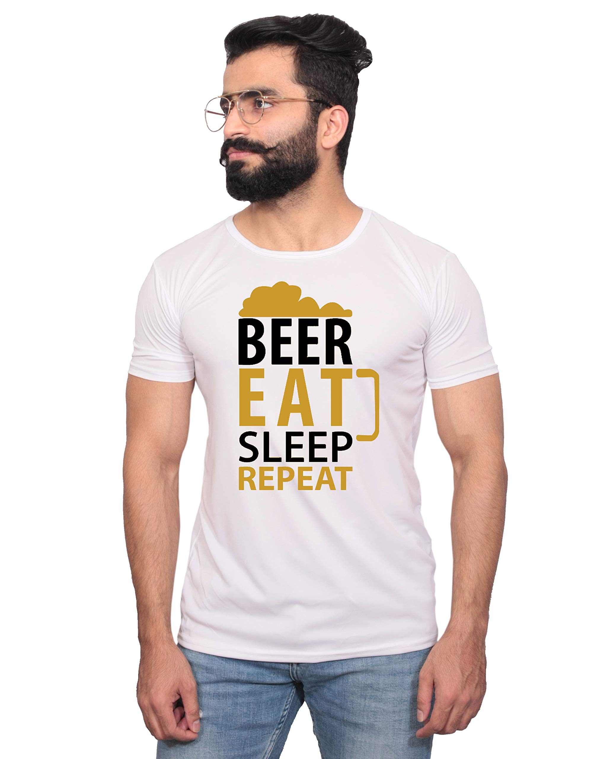 NITYANAND CREATIONS Men's & Women's Round Neck Half Sleeve Bear EAT Sleep Graphic Printed White T-Shirt