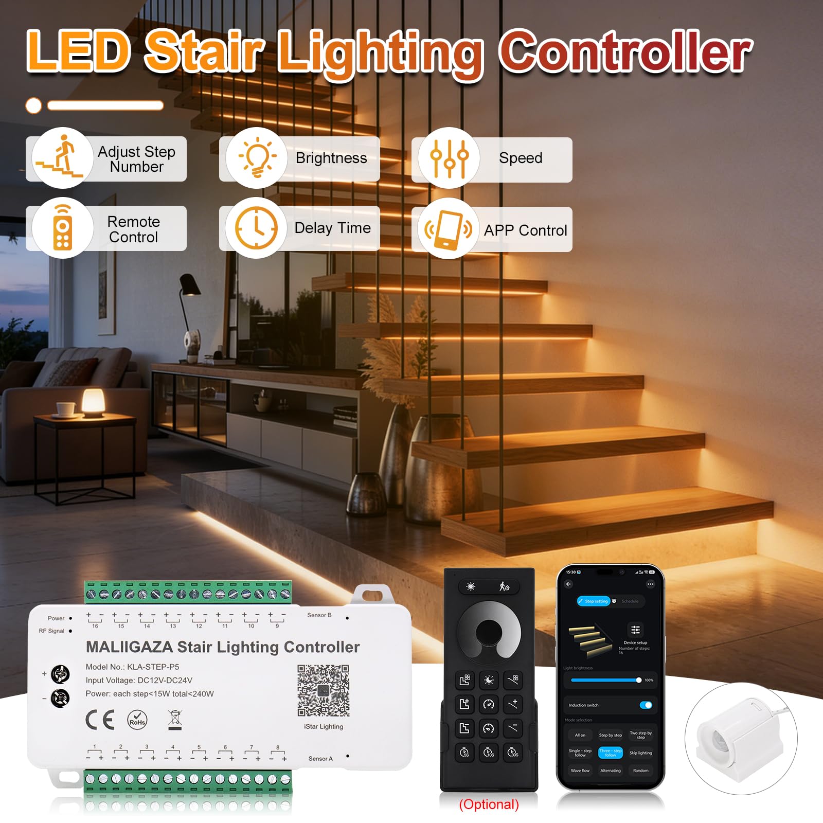 Illuminazione LED per scale, 10 livelli, bianco caldo, 3000 K, Smart Stair Light con app, telecomando RF e sensore di movimento PIR, set di strisce LED COB per interni