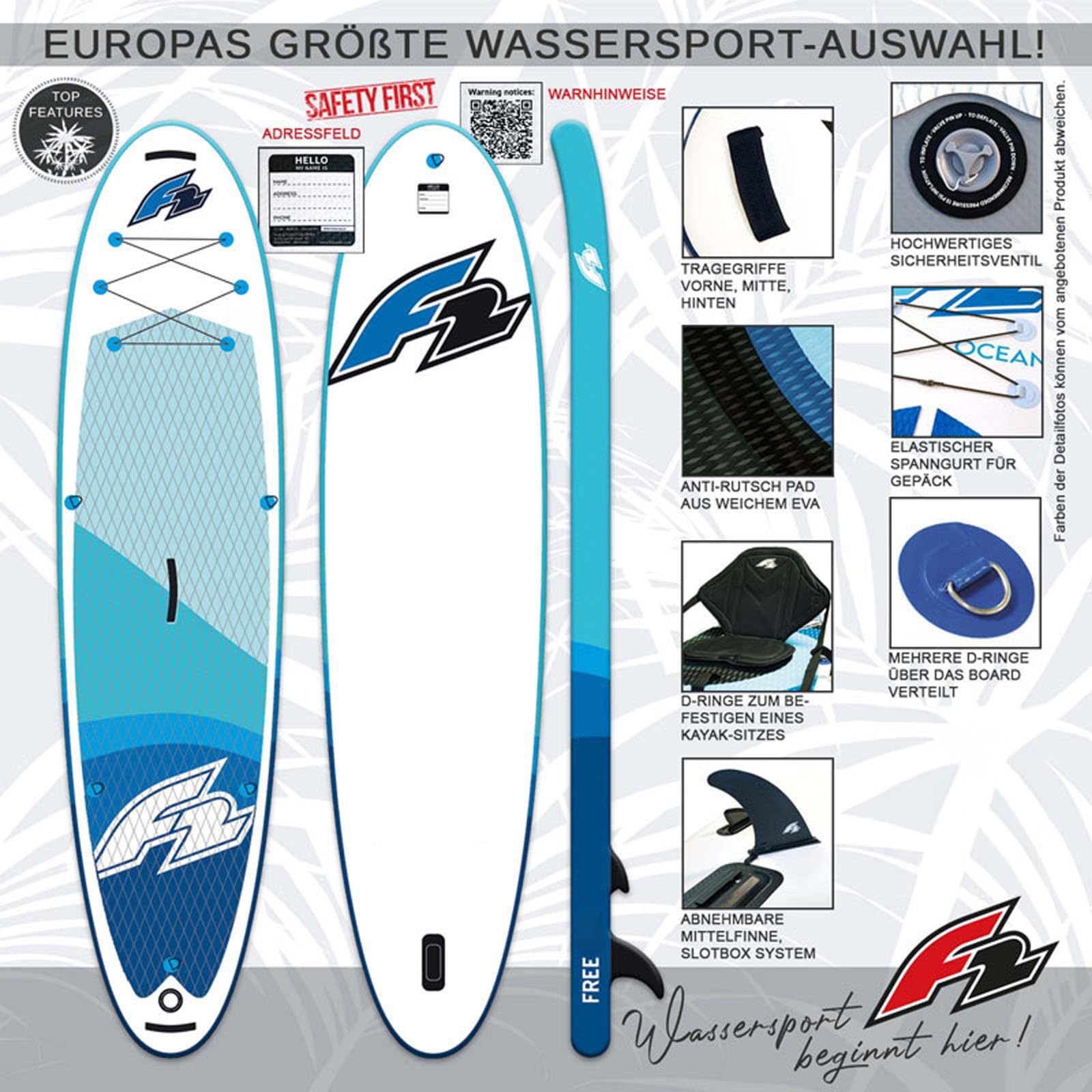 F2 Stand Up Paddle Board Free - Round Sail - SUP Set Größe wählbar Blau 2024/25