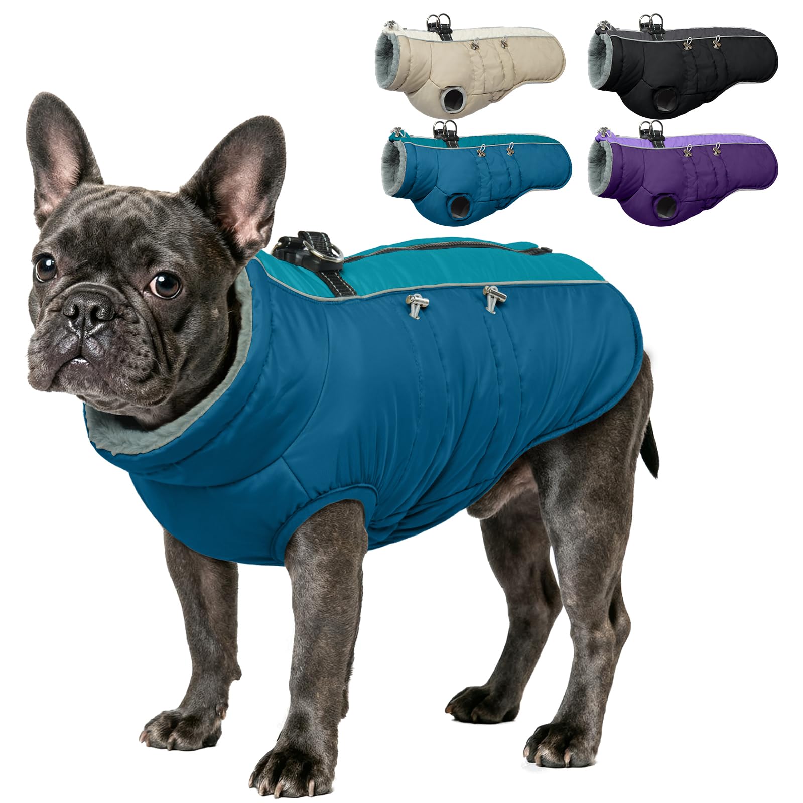 IDOMIK Warm Dog Coat with Harness, Waterproof Reflective Dog Jackets for Small Medium Large Dogs, Fleece High Collar Winter Jacket with Zipper, Pet