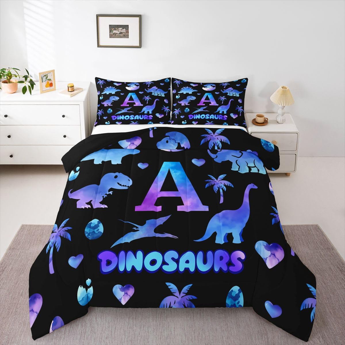 Juego de edredón con letra A inicial A Homewish de dinosaurios animados para niños