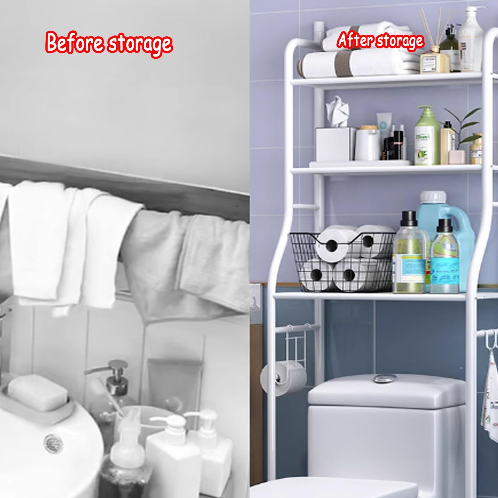 Estante de Almacenamiento sobre el Inodoro, Estante de Almacenamiento Independiente para Inodoro, Estante metálico sobre el Inodoro para baño con Dispositivo antivuelco, Organizador de 3 niv