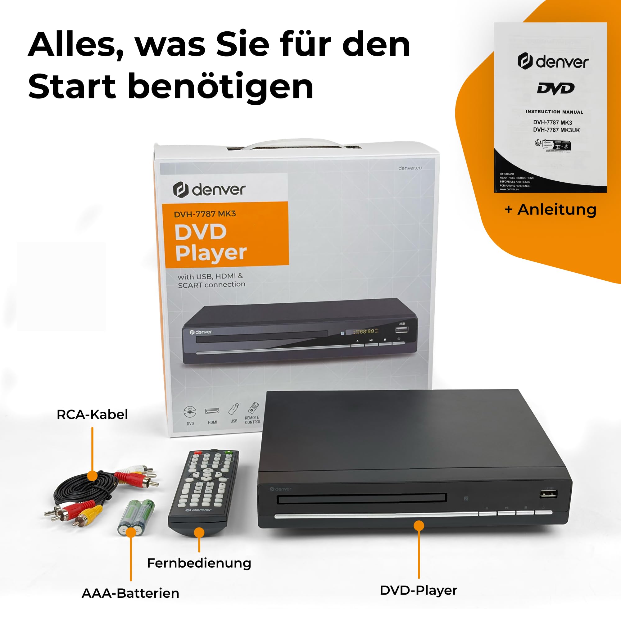 Denver DVH-7787MK3 DVD Player – Region-Free mit HDMI, Scart & USB-Verbindung – 1080p Upscaling Dolby Digital Sound & Fernbedienung