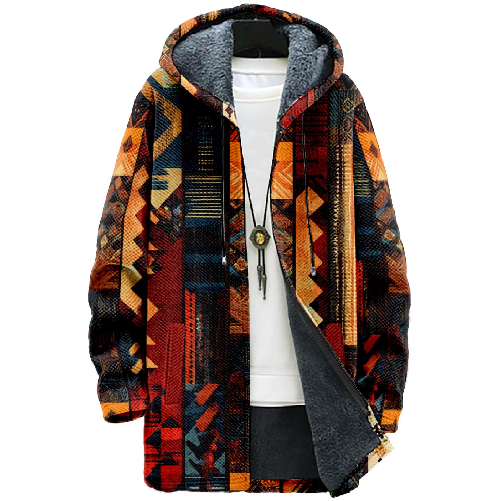MARSVOVO Retro Patchwork Long Hooded Cardigan for Men Casual Stylish Fleece Lined Zip Up Hoodies Spring Fall Warm