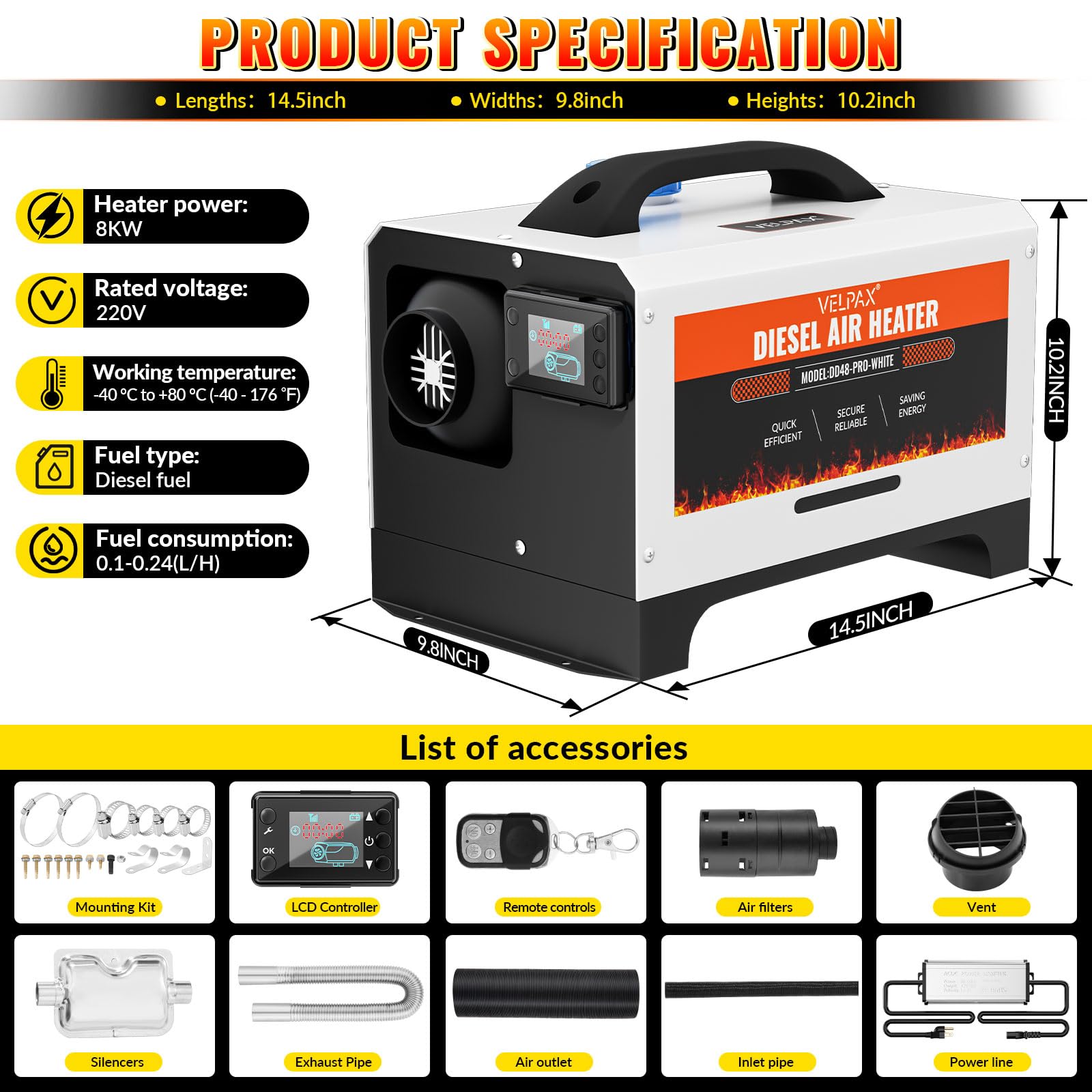 VELPAX Calentador Diésel Portátil Todo en Uno 12 V 24V 220V 8KW,Calentador de Aire Diesel 0,16-0,52 L/h LCD de Control Remoto,Adecuado para automóviles, Camiones, Barcos