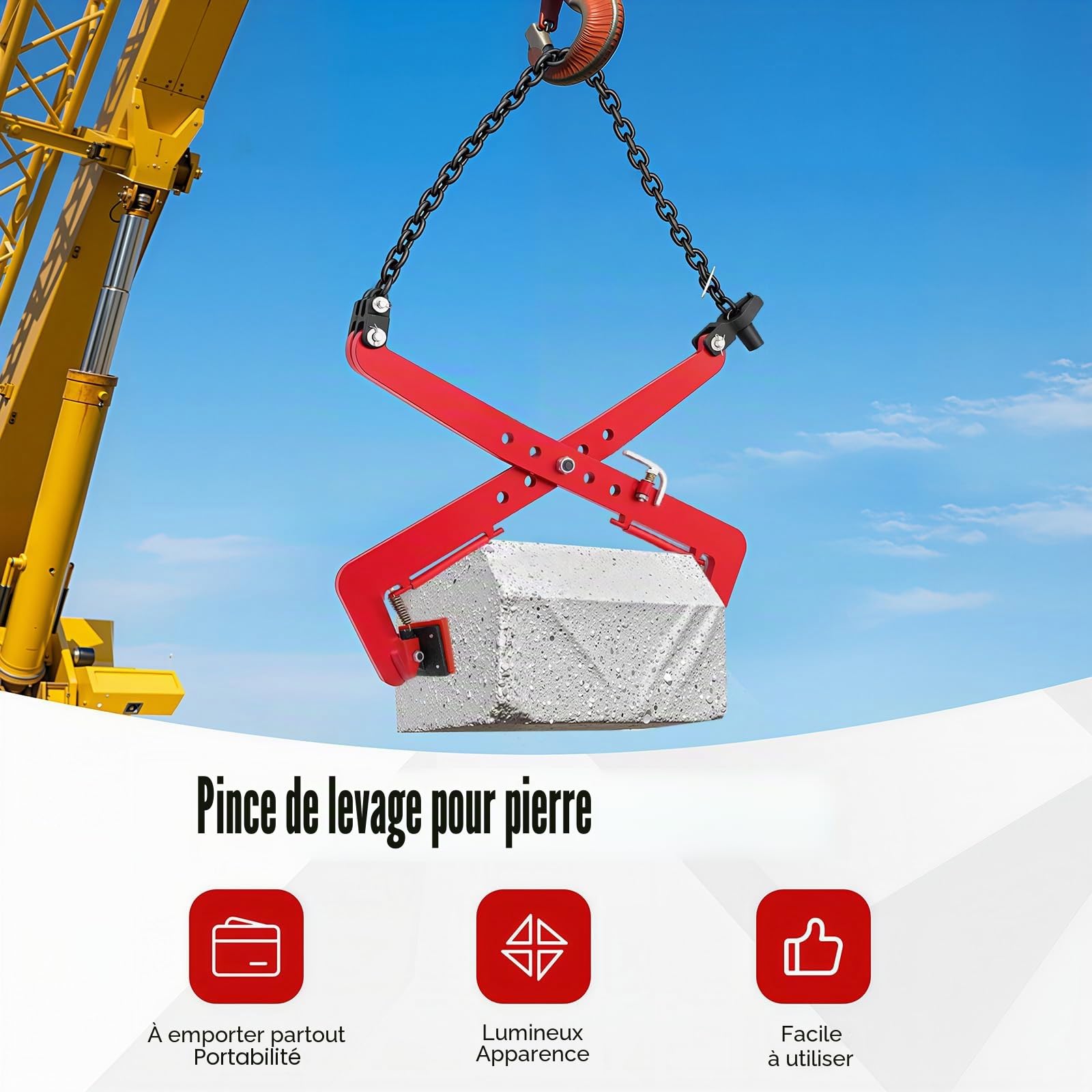 Pince de déplacement, pince pour pierre de bordé, 500 kg, serre-pierre réglable, ouverture de 33 – 70 cm, pinces en bois, pince de levage pour pierre et transport