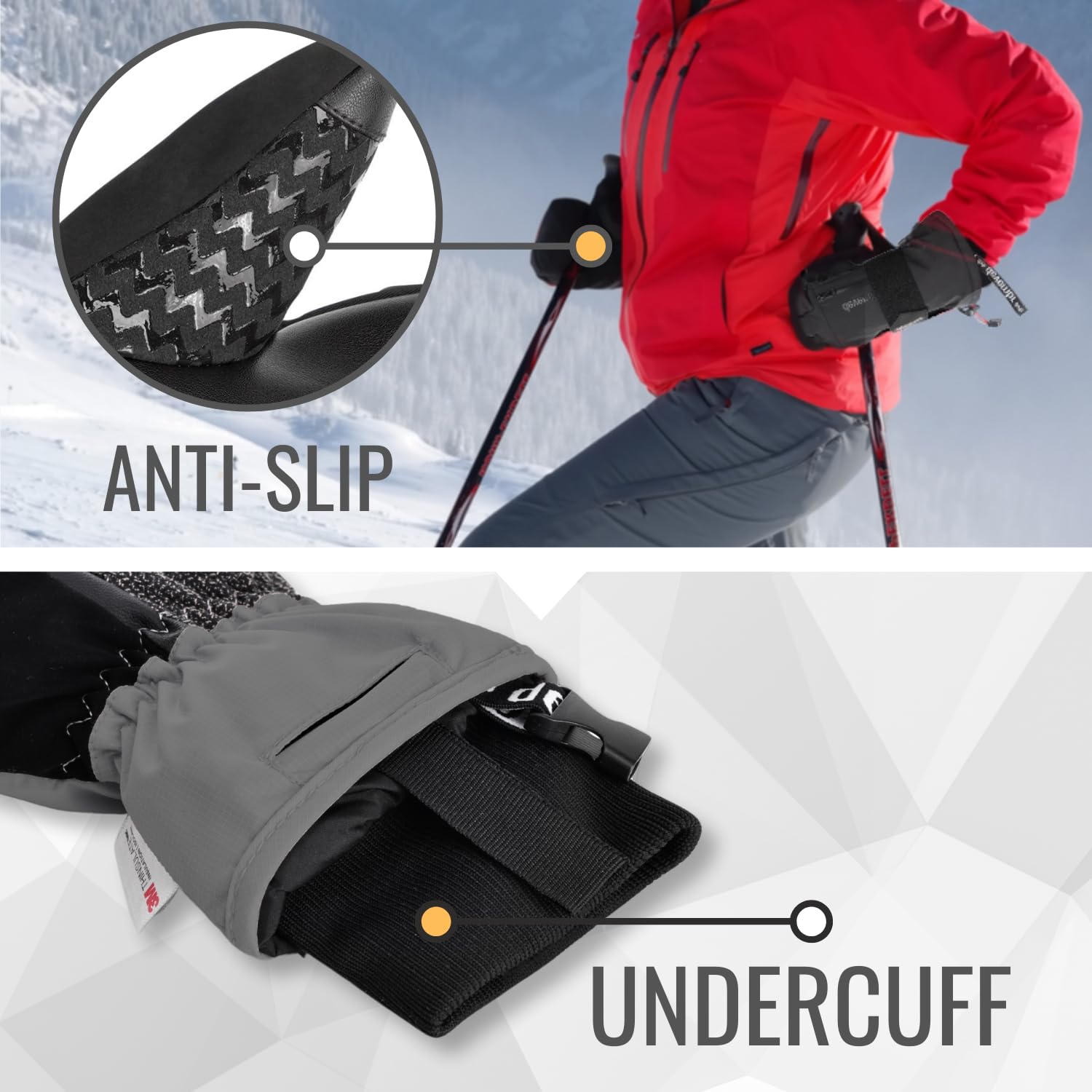 Devembr Skihandschuhe mit Handgelenkschutz Touchscreen Snowboardhandschuhe