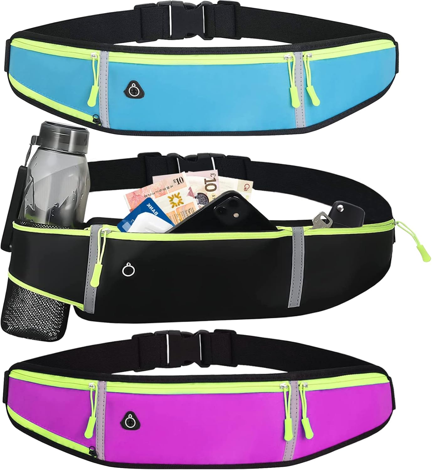 AMANMAN 3 Piezas Riñonera Deportiva Riñonera Running Mujer Hombre, Cinturón Running con Botellas de Agua, Cinturón para Correr Impermeable, Running Belt para Fitness, Deportes, Ciclismo (3 Colores)