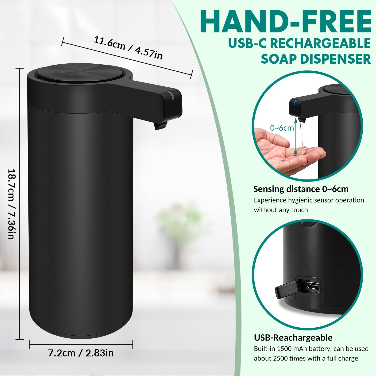 Elektrischer Seifenspender mit Sensor Infrarot 270ml Seifenspender Automatisch IPX5 Wasserdicht USB-C Aufladung Automatischer Seifenspender für Küche & Bad (Schwarz)