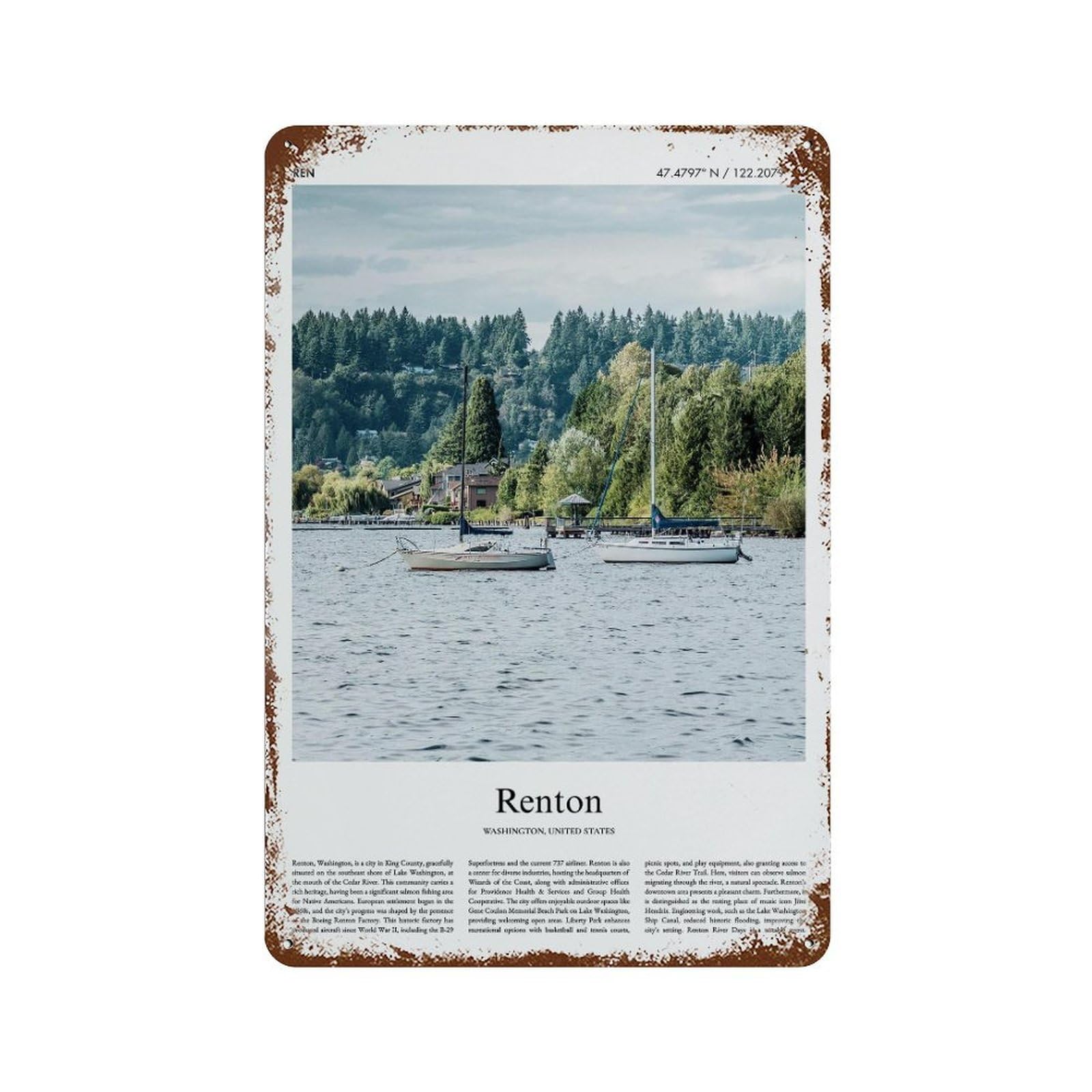 xiaoxiaoshen Renton Washington, United States, USA City Scenery Wall Decor Art Metal Tin Poster Modern Home Decor Art Home Bar Shop Decorations Vintage Sign 30x20cm