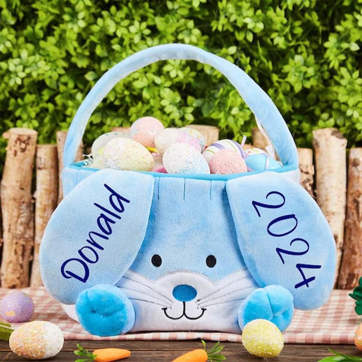 Personalized Bunny Easter Basket, Custom Embroidered Monogram Easter Bucket Plush Easter Basket Kids Easter Gift Perfect for Toys and Candy