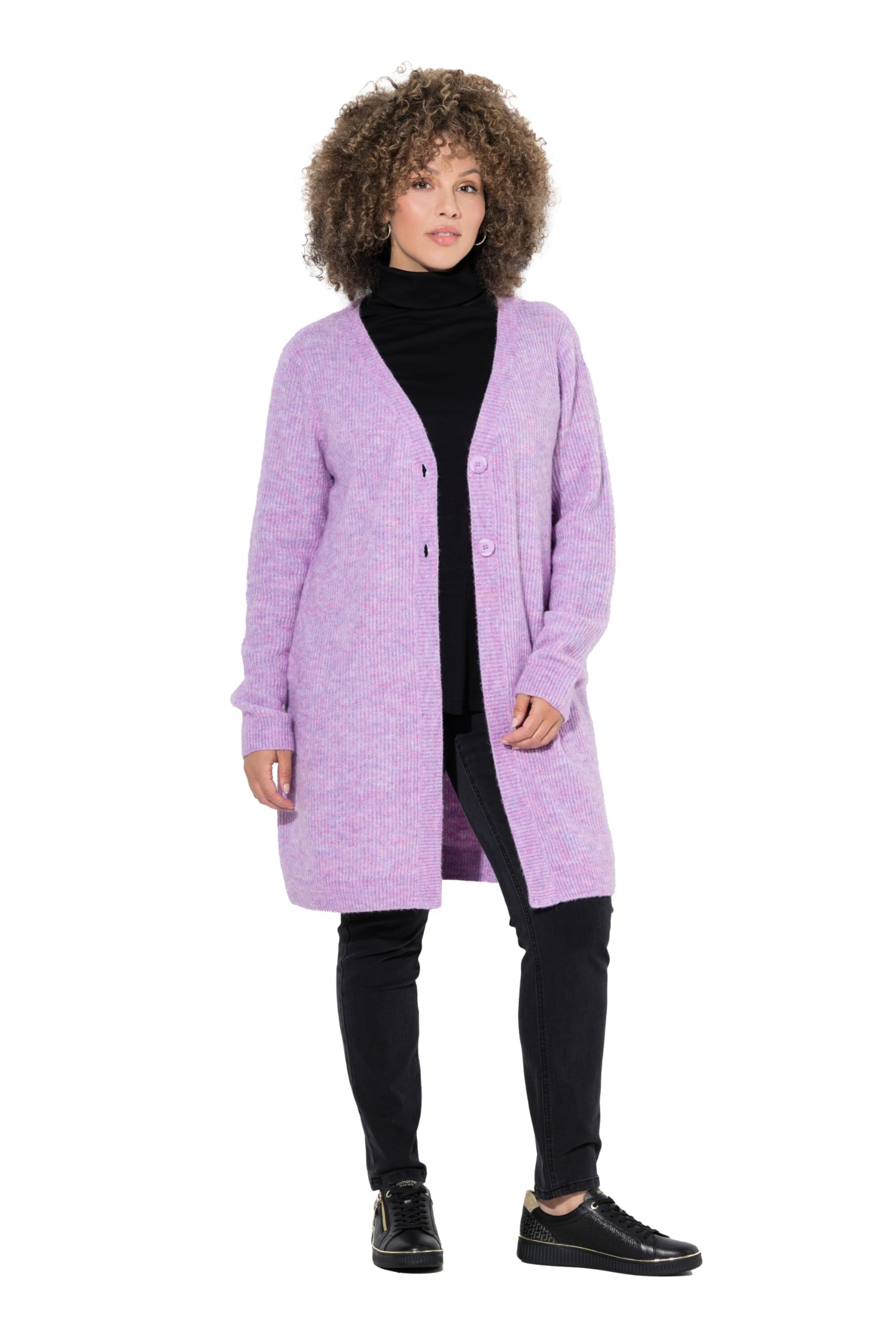 Ulla Popken Damen große Größen Übergrößen Plus Size Long-Strickjacke, Rippstrick, V-Ausschnitt, Langarm 844735