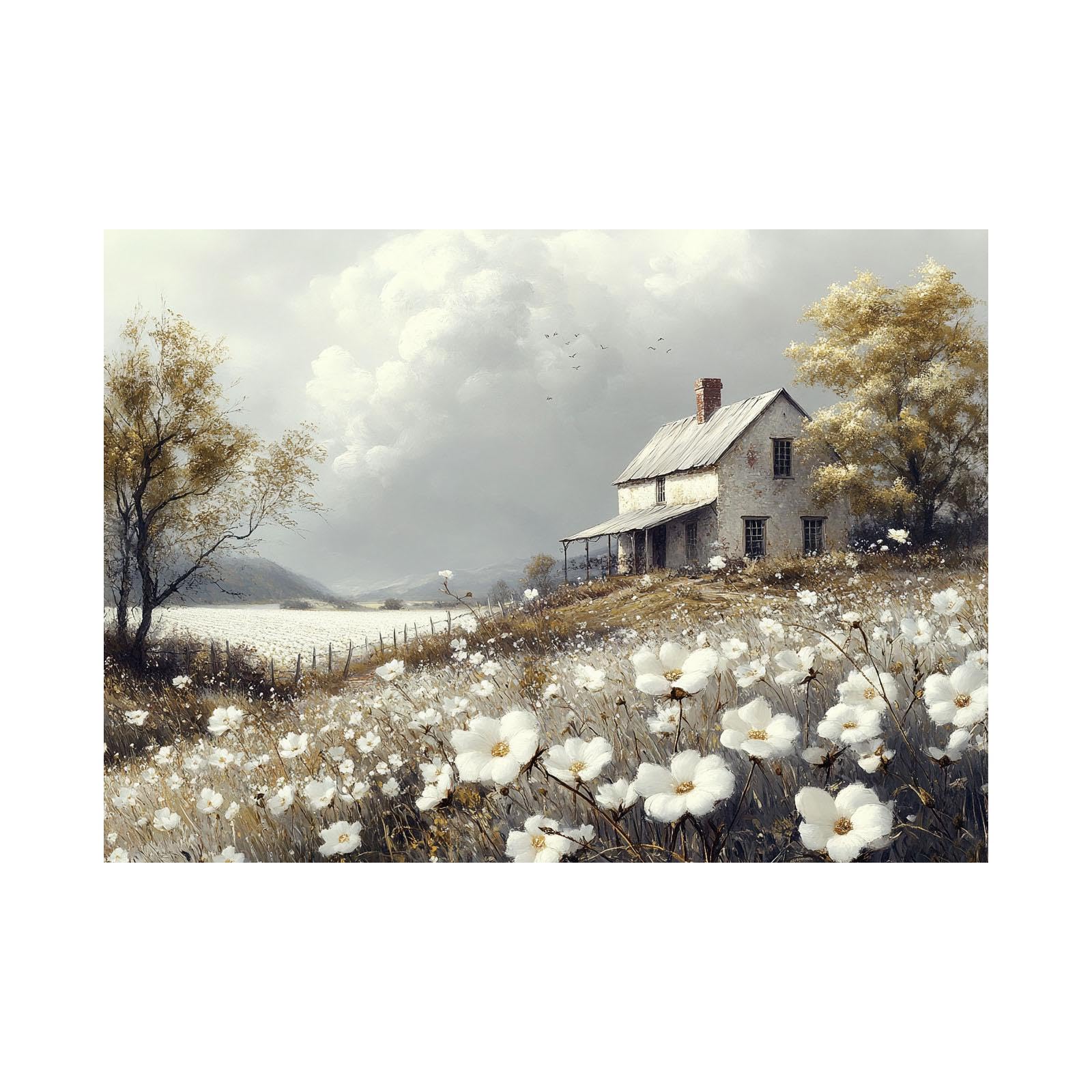 XENIOU Cuadros De Paisajes Naturales, Flores blancas floreciendo frente a la casa lienzo arte pared flor, cuadros decoracion, Salon para Dormitorio, Baño - 20x30cm Sin marco(Blanco)