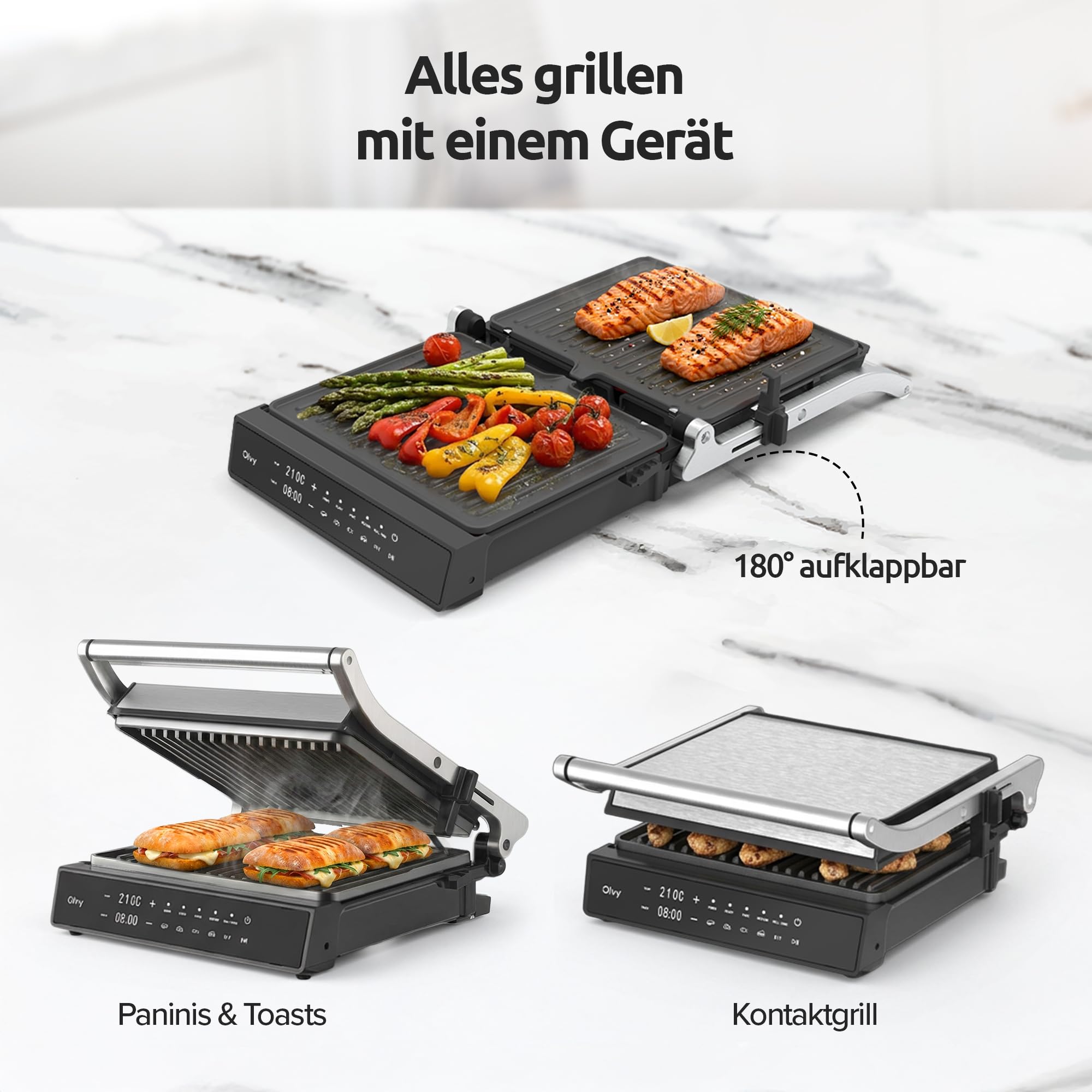 Olvy Kontaktgrill mit Touchscreen – PFAS-frei – 5 Automatische Programme – 180° Öffnung, 2000 W – Abnehmbare Antihaftplatten – Thermostat & Timer – Panini, Sandwich, Steak & Gemüse