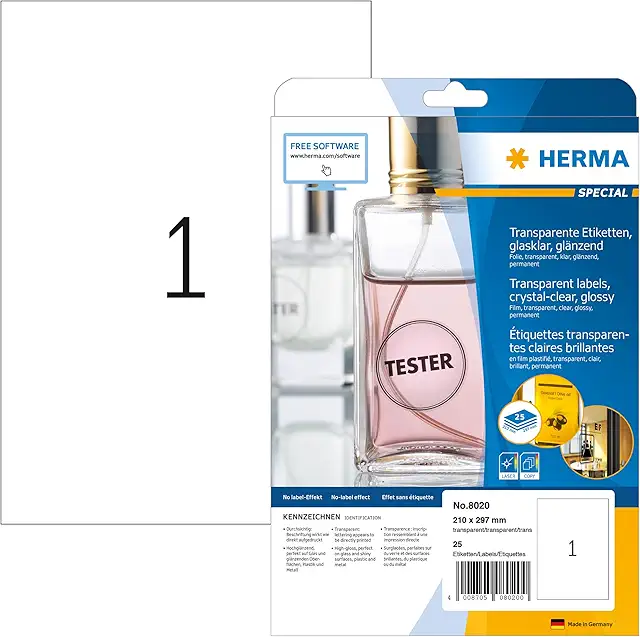 HERMA 8020 Transparente Folienetiketten - 25 Blatt, wasserfest, selbstklebend