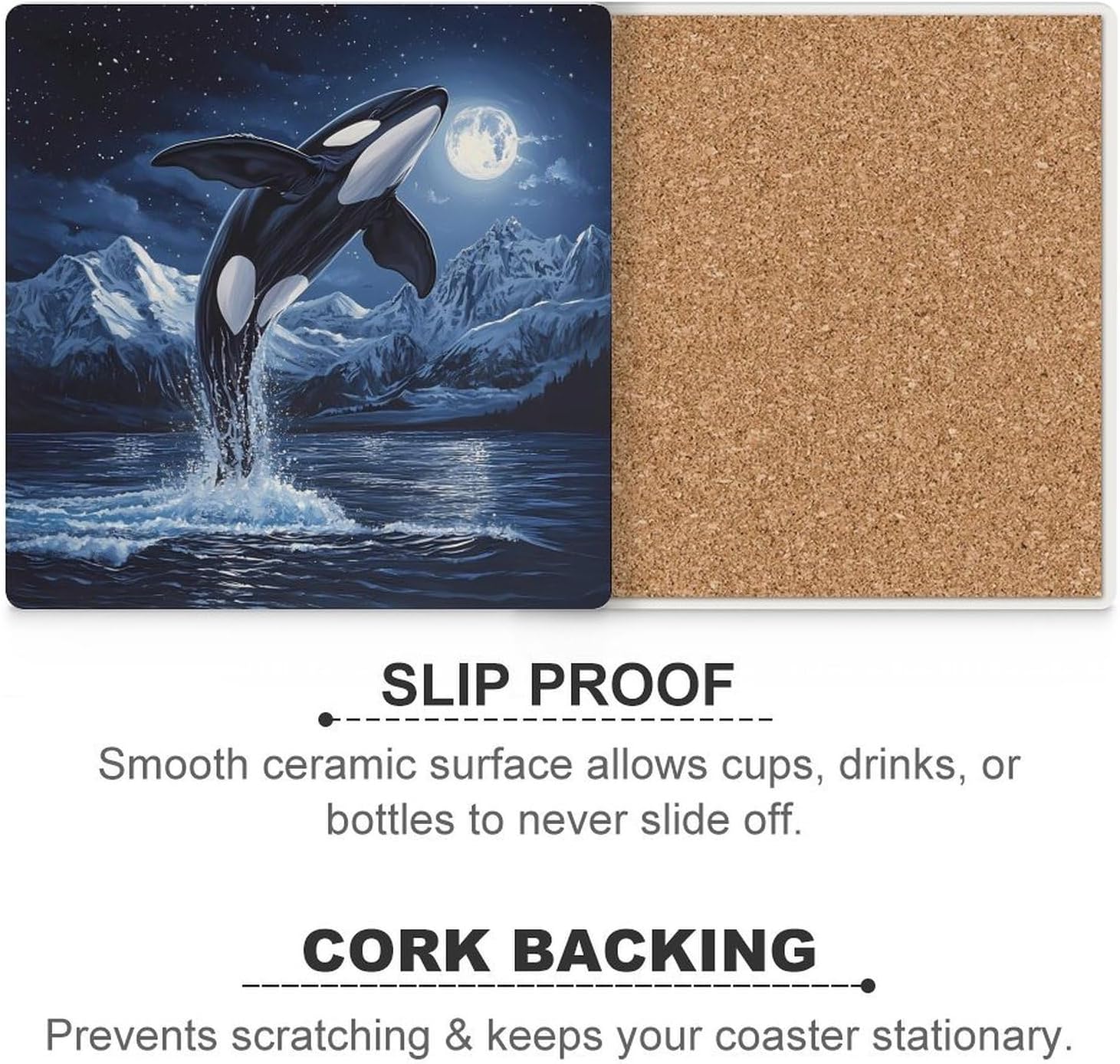 Whale and Moon Funny Ceramic Coasters for Drinks Absorbent Cup Holder Tabletop Protector with Cork Base