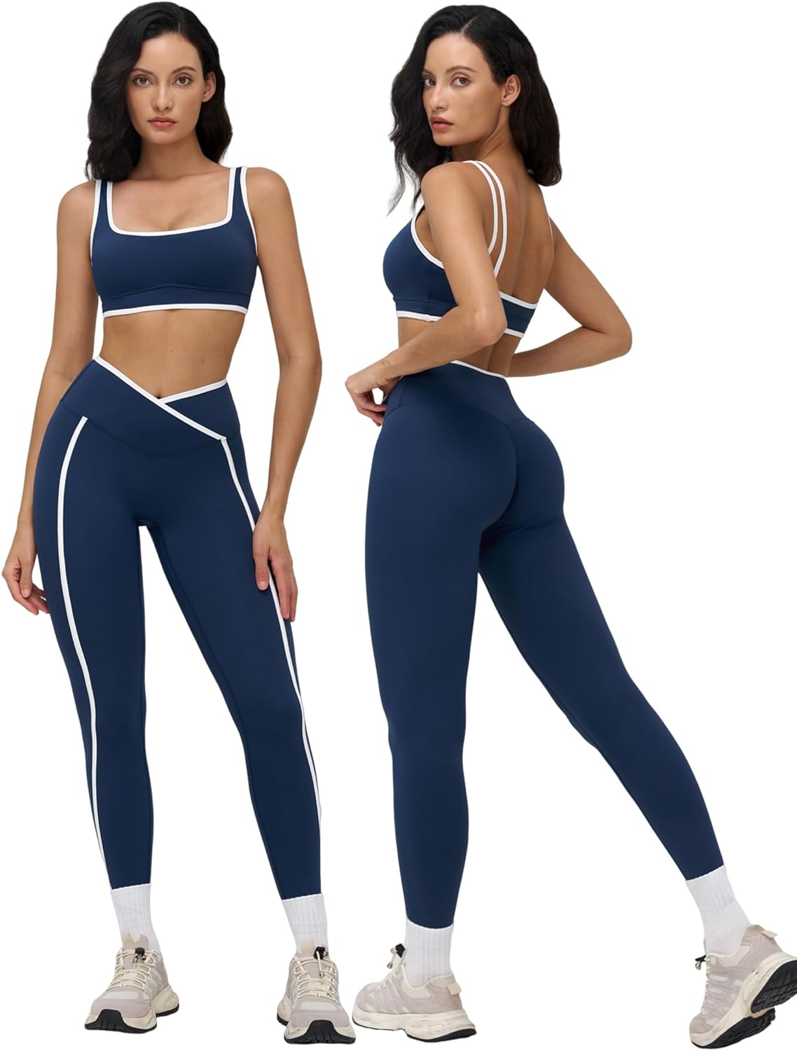 Womens Two Piece Workout Set Spaghetti Straps Color Block Sports Bra Matching High Waist Leggings Gym Work Out Outfits