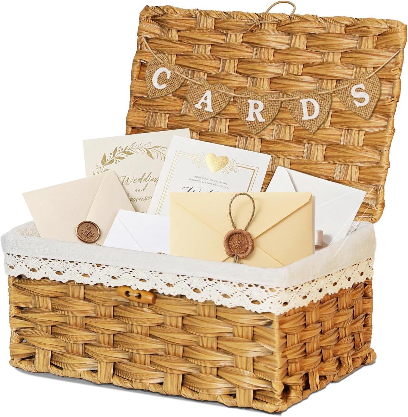 Card Box for Wedding Wicker Card Basket for Cards with Letter Flag, Decorative Woven Rattan Gift Card Boxes for Graduation Party Plastic Wedding Card Box for Reception Baby Shower Birthday Prop Decor