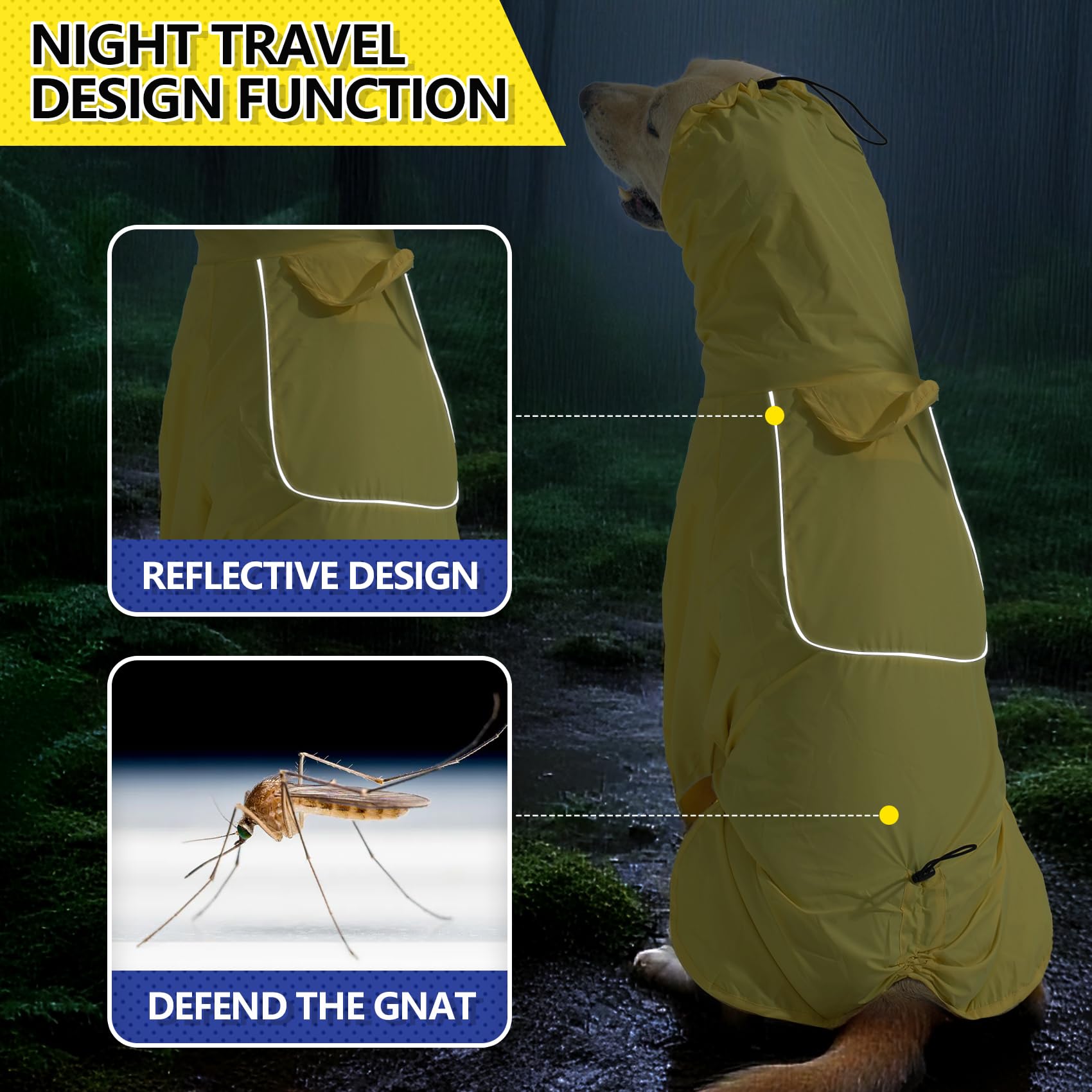 Hunde-Regenmantel mit Kapuze, wasserdicht, winddicht, verstellbar, mit Loch für die Leine und reflektierenden Trägern, leichte Welpen-Regenjacke für kleine bis große Hunde, Gelb, Größe XL