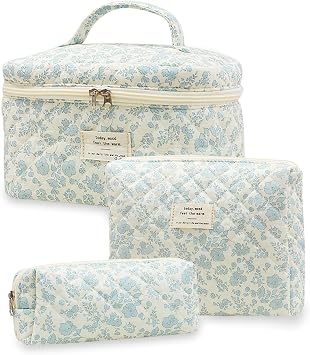 Aucuu 3PCS Coquette Makeup Bag, Quilted Makeup Bag for Women, Floral Cotton Cosmetic Bag Set, Large Capacity Aesthetic Floral Toiletry Bag, Travel Toiletry Bag, Wash Organizer Pouch for Women Girls