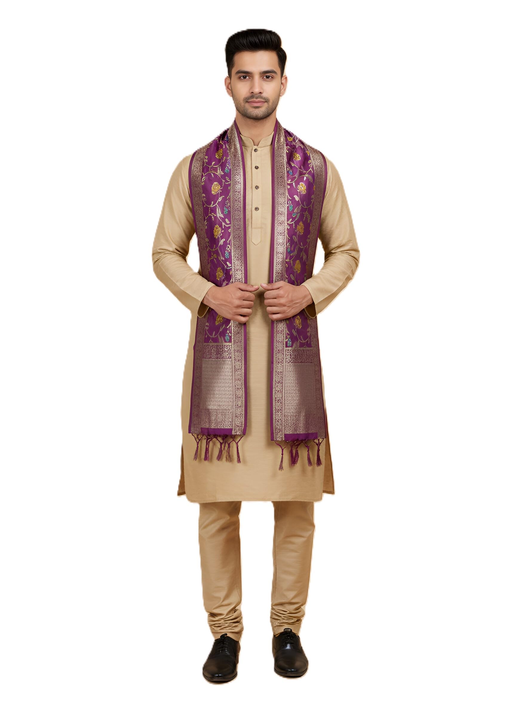 muffly Men’s Silk Dupatta with Traditional Woven Floral Design | Premium Ethnic Stole for Wedding, Festive & Cultural Wear | Soft Luxurious Fabric | 2.3 x 0.9 Meter-picture-29