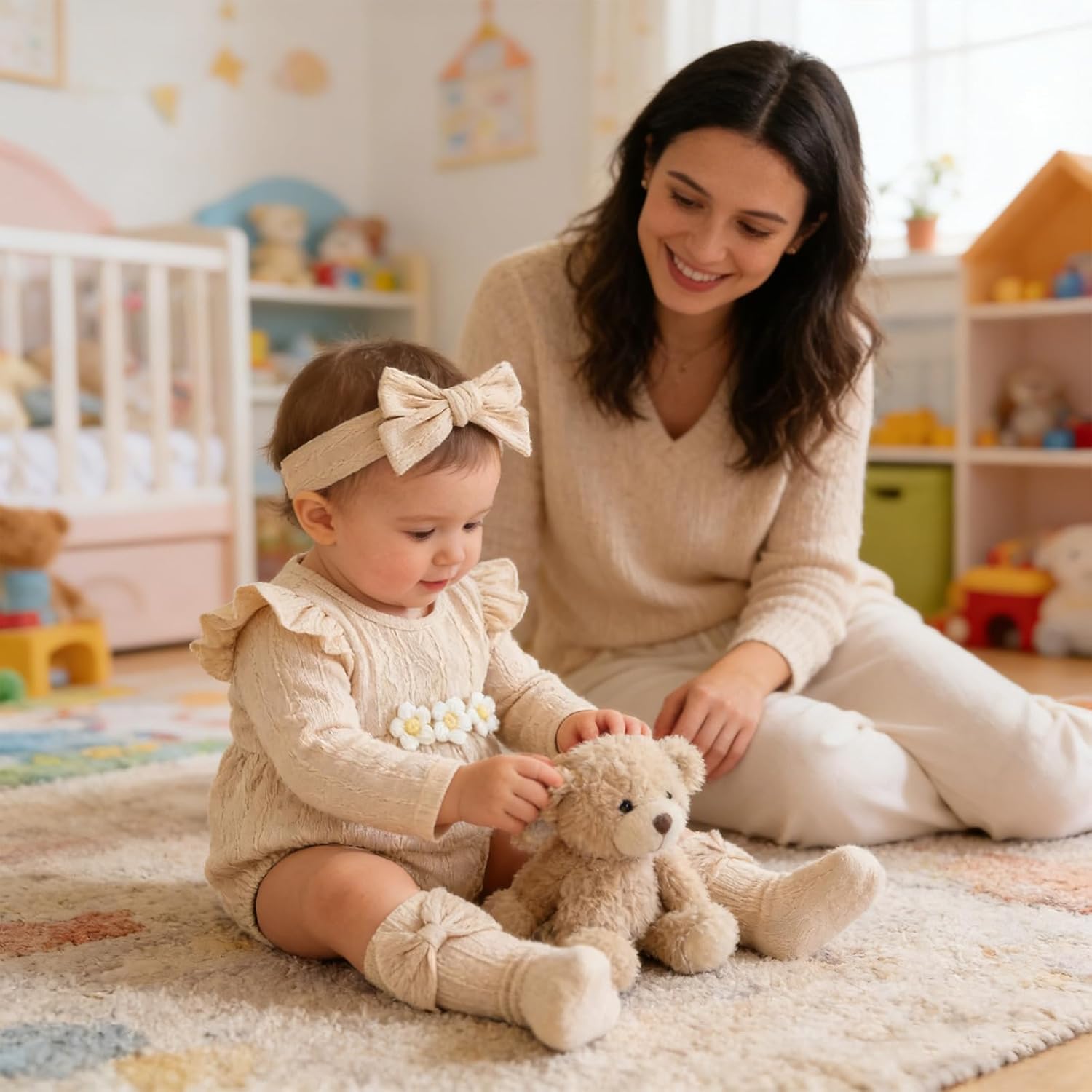 Kunyeah 3Pcs Baby Girl Outfits Infant Ruffle Romper Long Sleeve Bodysuit+Bow Hairband+Socks Newborn Flower Jumpsuit - Image 3