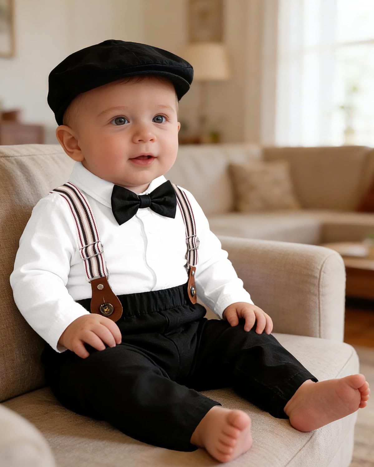 YUEMION Baby Boy Clothes Wedding Outfit Infant Tuxedo Gentleman Suits Dress Shirt+ Beret Hat +Suspender Pants +Bowtie 0-18M