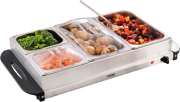 Cooks Professional 4-Section Buffet Warmer 7.2 Litre Capacity with Hotplate Function & Adjustable Temperature Control Dial | 300W Portable Electric Food Serving Tray | Silver
