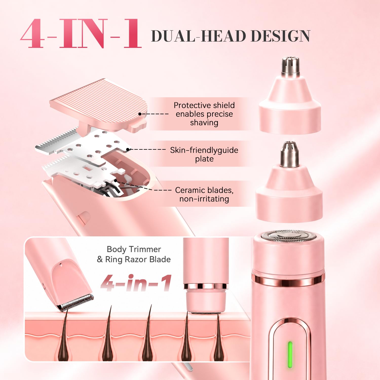 JTF Rasoio Elettrico Donna 4-in-1,Depilatore per Parti Intime, Bikini, Viso, Ascelle, Gambe e Braccia – IPX7 Impermeabile,Ricaricabile USB, Uso Bagnato e Asciutto (Rosa)
