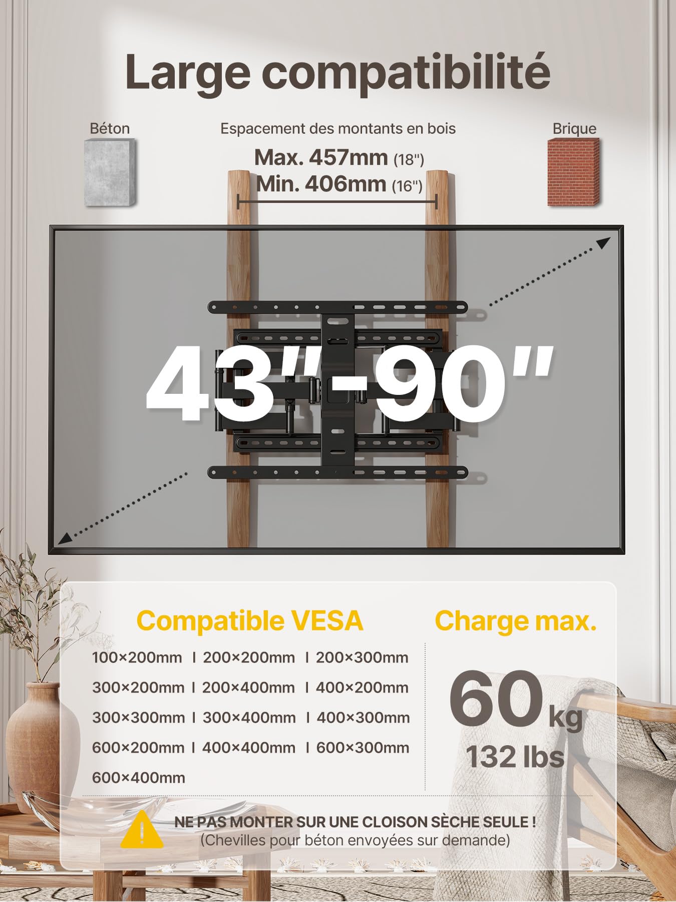 monTEK Support Mural TV Ultra Fin pour Écrans 43-90 Pouces jusqu'à 60 kg | 1,1" d'épaisseur, Support TV Orientable, Inclinable et Extensible, Fixation Murale TV avec Double Bras, Max VESA 600x400mm