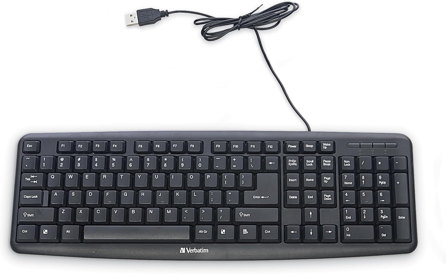 Verbatim Slimline Wired Keyboard with Numeric Keypad and Adjustable Tilt Legs, Full-Size, Black, Model 99201