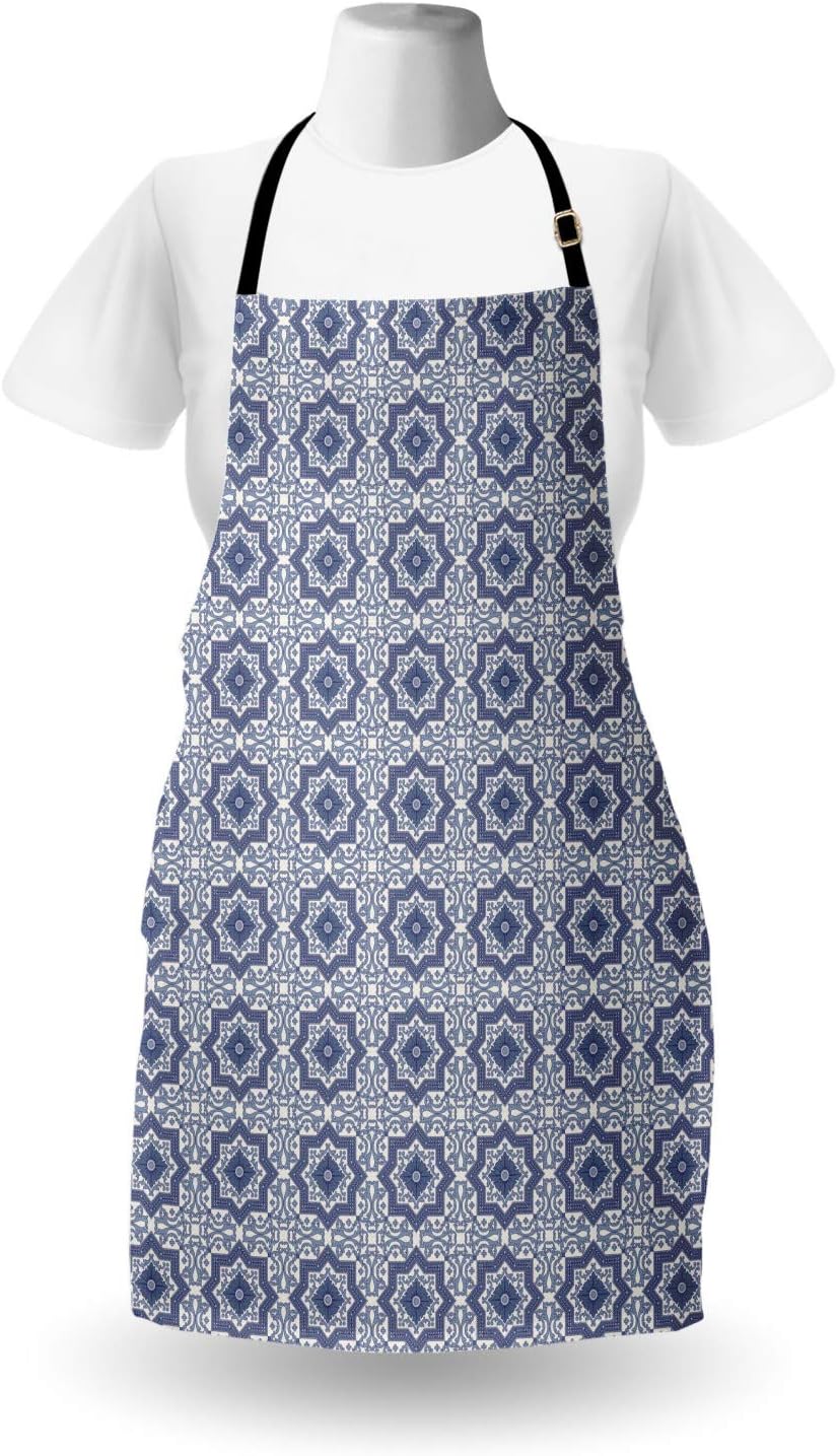 Lunarable Orient Apron, Moroccan Star Pattern Abstract Swirls and Curves Ornamental Oriental Illustration, Unisex Kitchen Bib with Adjustable Neck for Cooking Gardening, Adult Size, Blue Grey