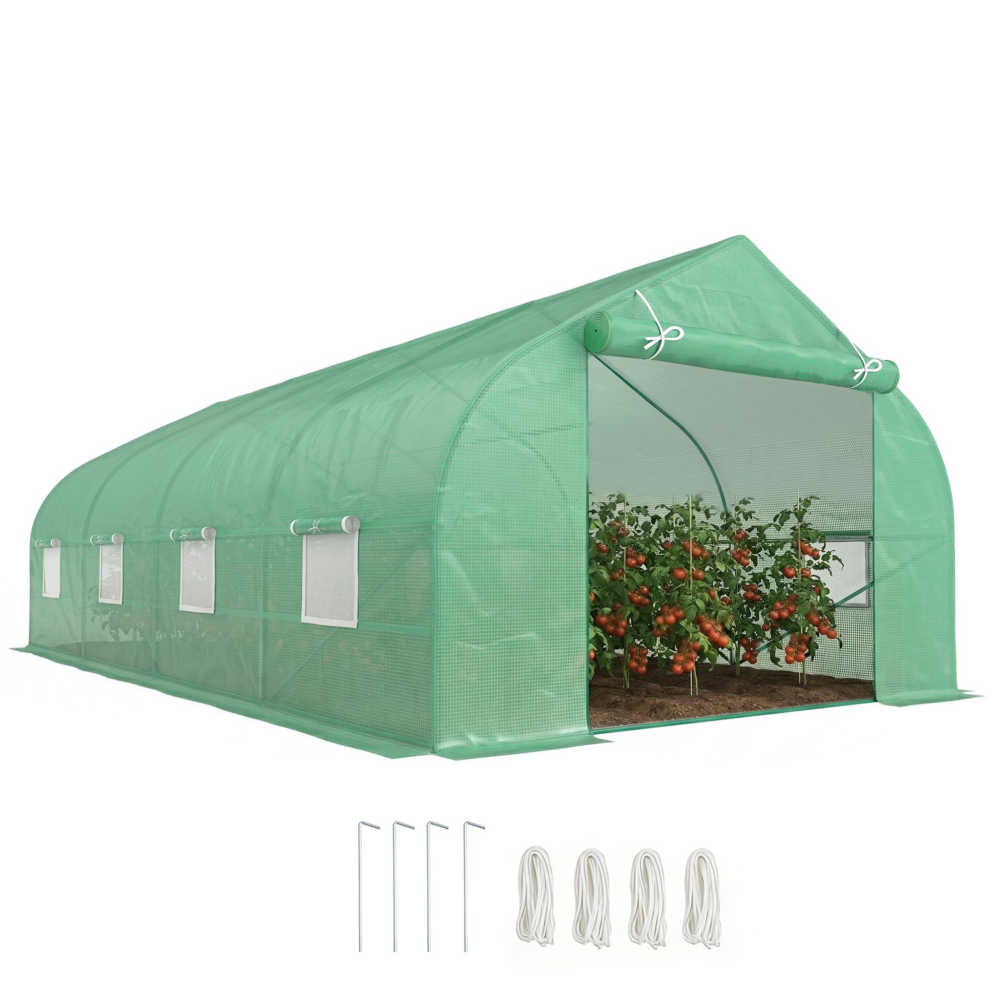 Outsunny Gewächshaus mit Rollbar Reißverschlusstür Foliengewächshaus 6x3x2m | Folientunnel mit 8 Netzfenster Stützstangen UV-beständig Winterfest Tomatenhaus, Grün