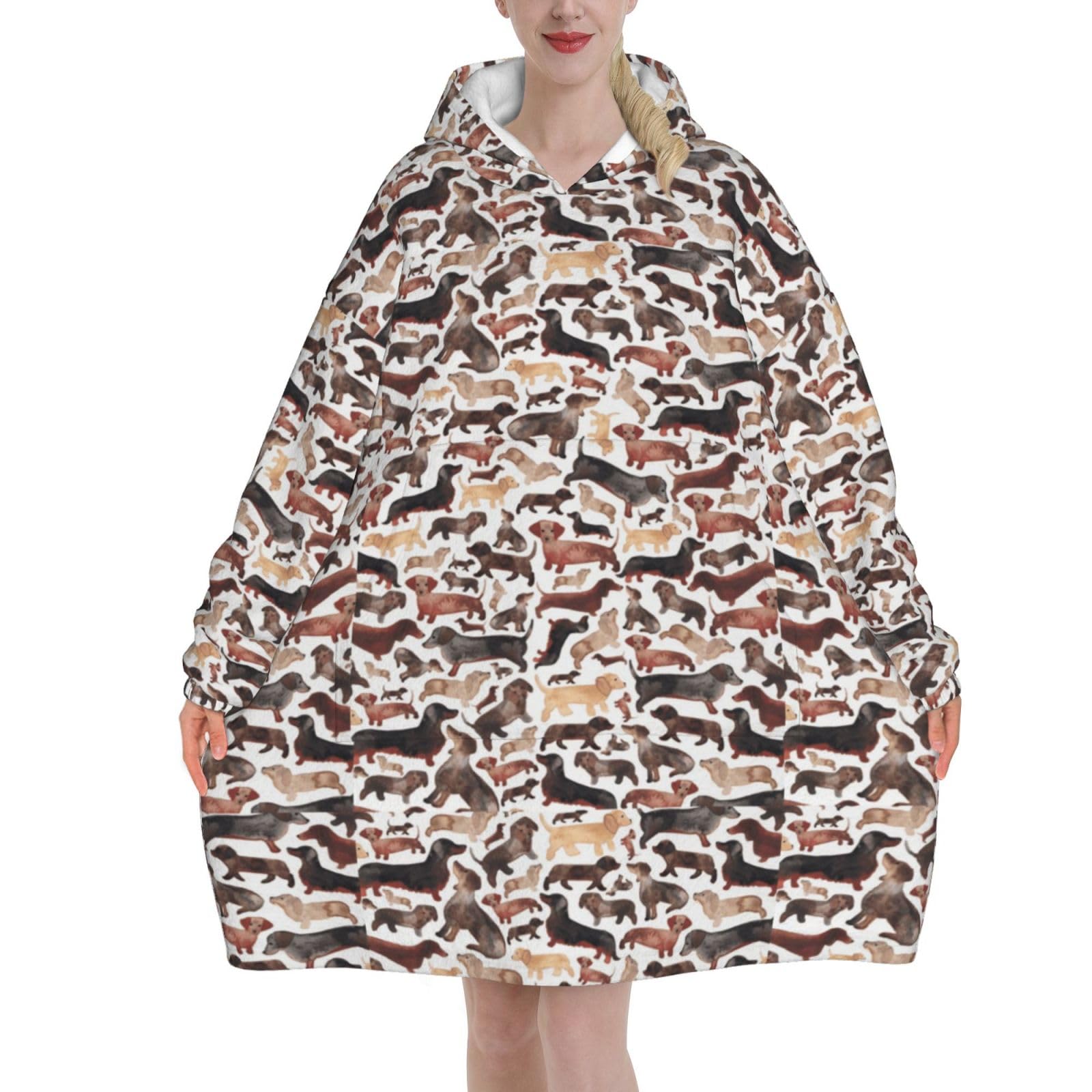 Zouey Unisex As Picture Sweatshirt Blanket,Flannel Pullover Blanket,Women's Wearable Blanket Hoodie, Dachshund Or Sausage Dogs