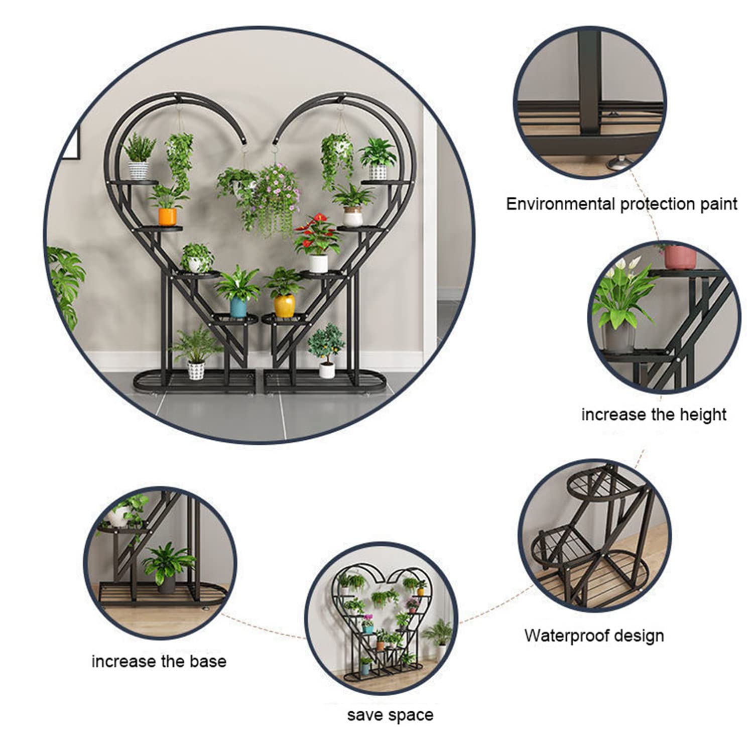 COSTWAY Scaffale per Piante in Metallo a 5 Livelli, Porta Piante a Forma di Cuore con Gancio, Scaffale per Fiori per Soggiorno, Camera da Letto e Balcone (Bianco