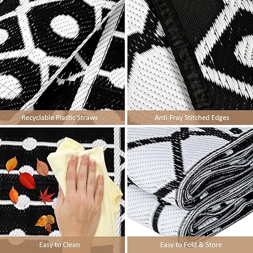 Miniatura 25 de Alfombras reversibles - Alfombra de paja de plástico, alfombra para exteriores, alfombra de área moderna, alfombra grande para exteriores, RV, Negro