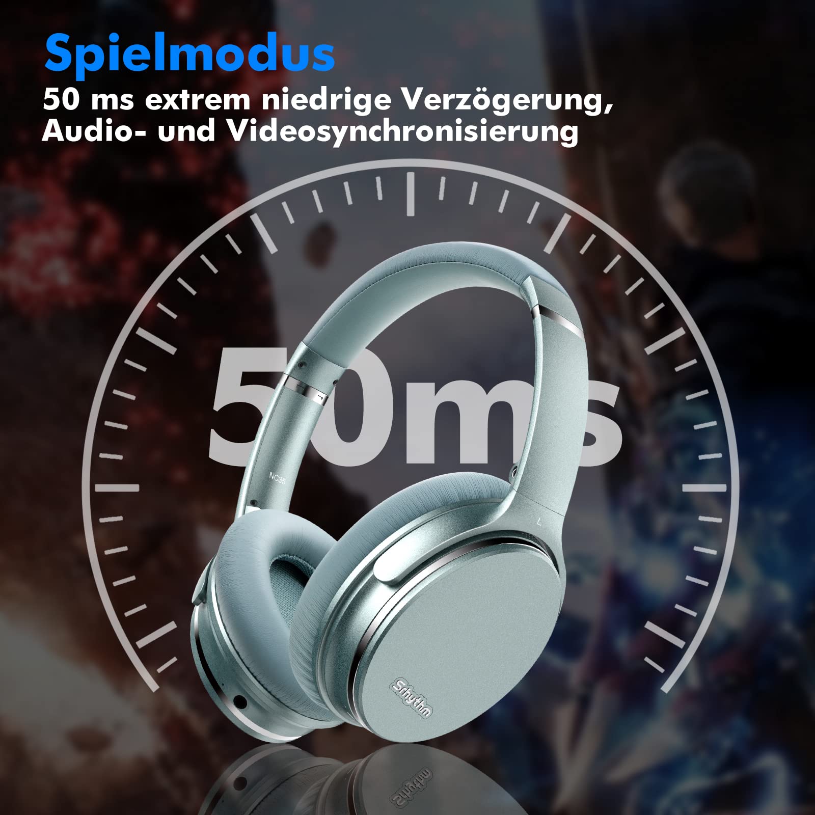 Srhythm NC35 Active Noise Cancelling Kopfhörer Kabellos Bluetooth - LDAC Modus, Schnellladung, 50+ Wiedergabe Over-Ear Kopfhoerer mit Mikrofon, Verbindung von 2 Geräten, Memory Protein Ohrmuscheln