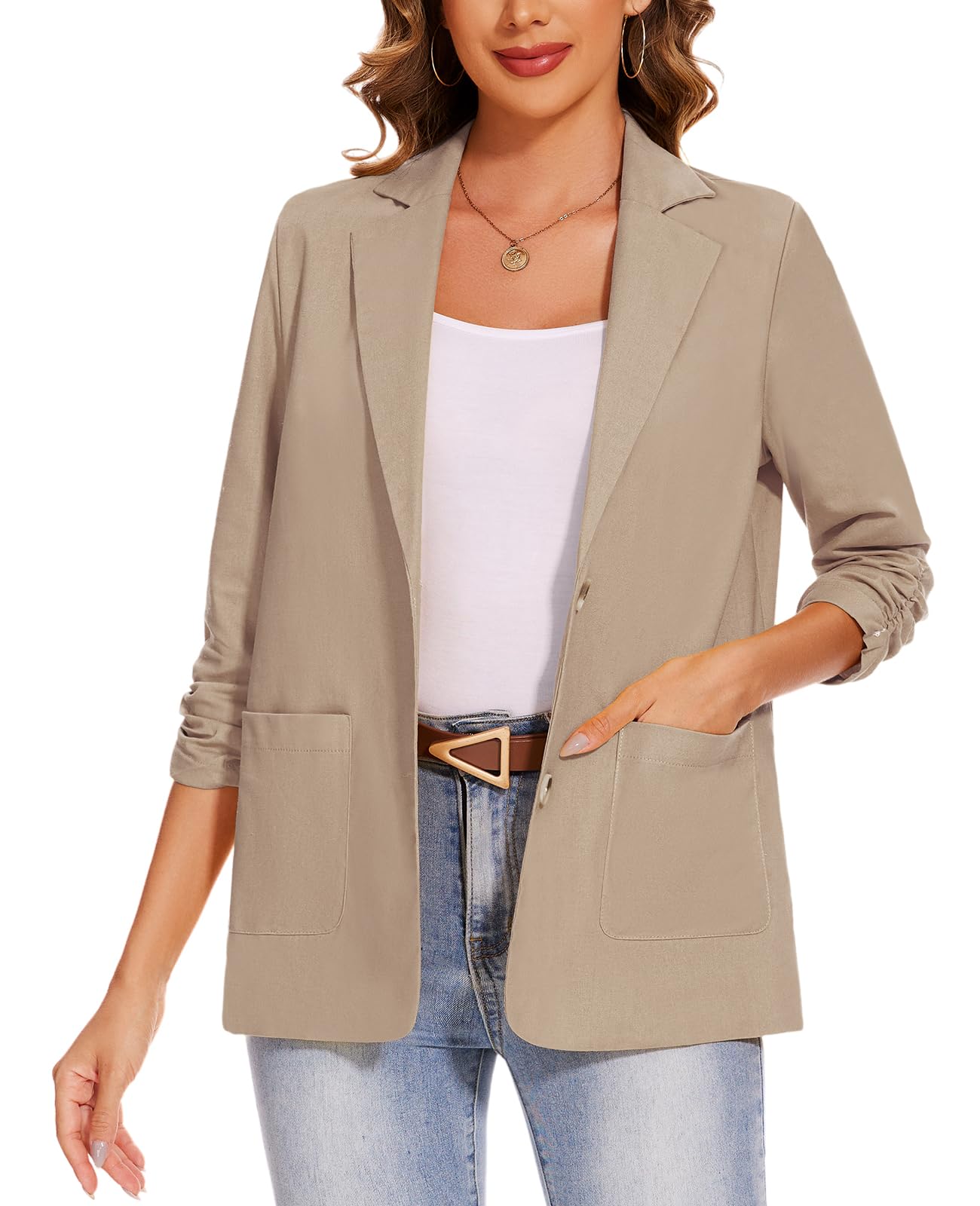 Blazer de lino y algodón con manga 3/4 fruncida para mujer, ligera, para verano, elegante, con botones y bolsillos