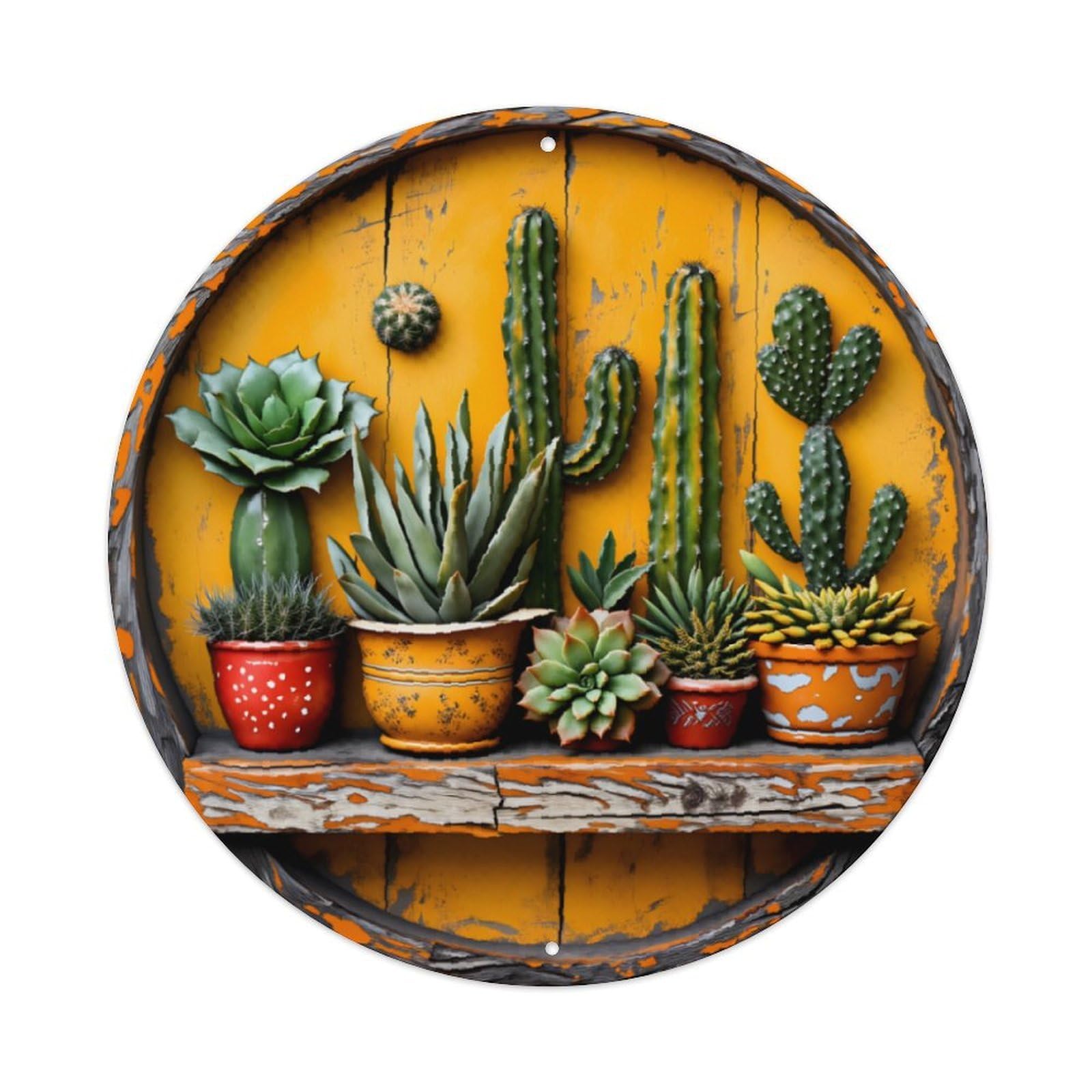 Yellow Wooden Barrel Cactus Succulent Garden Round Decor Sign Vintage Aluminium Metal Sign, Retro Wall Decor for Home, Bar, Garage & Farmhouse 20x20cm
