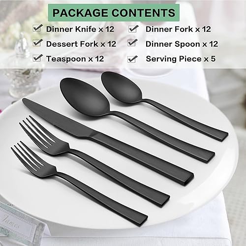 Miniatura 2 de LIANYU Juego de cubiertos de 65 piezas color negro mate con utensilios para servir, juego de cubiertos de acero inoxidable para 12, vajilla cuadrada