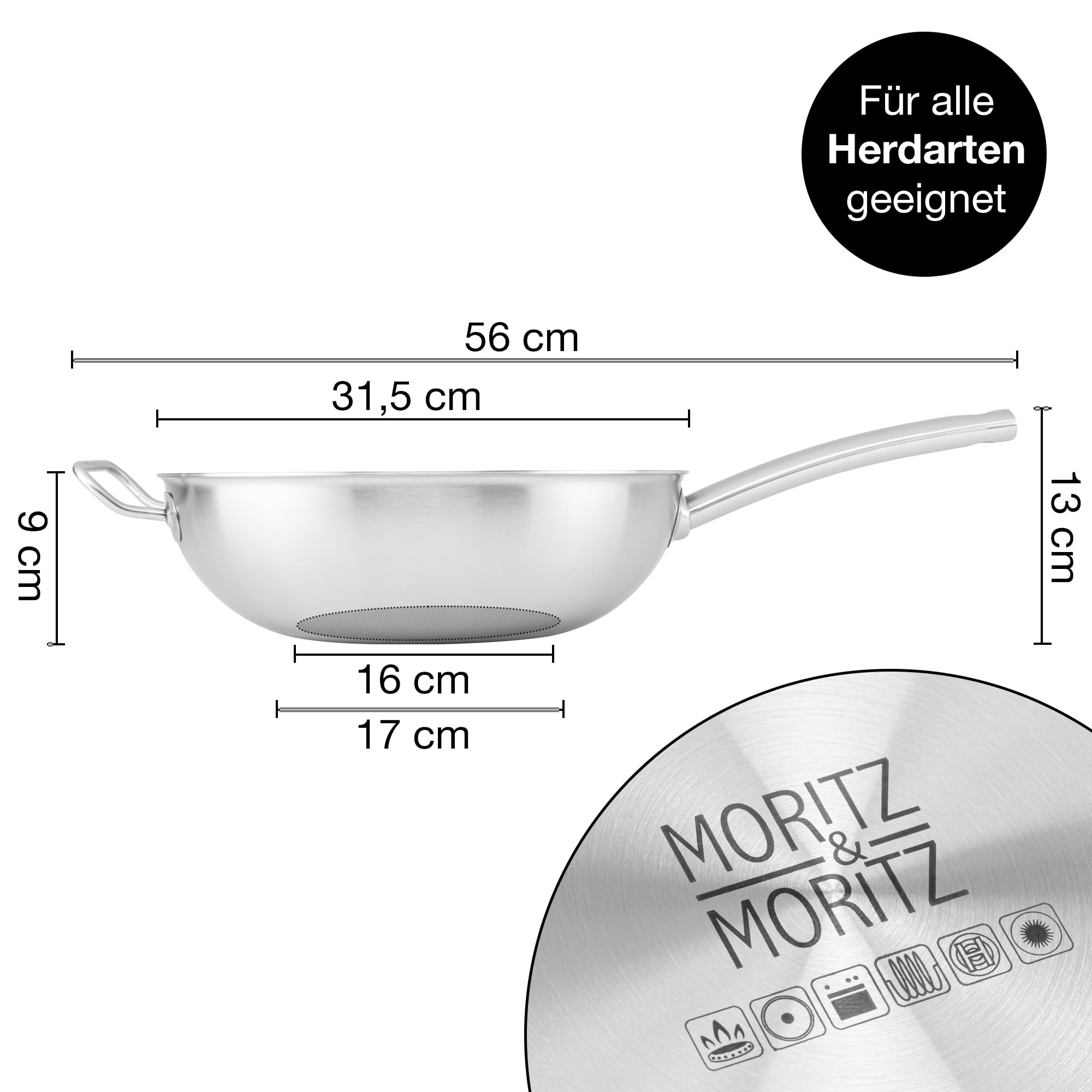 Moritz & Moritz Edelstahl Wokpfanne 30cm mit Keramikbeschichtung der neuesten Generation - für alle Herdarten geeignet - Antihaft Wok Wabenstruktur zum Kochen, Braten und Schmoren