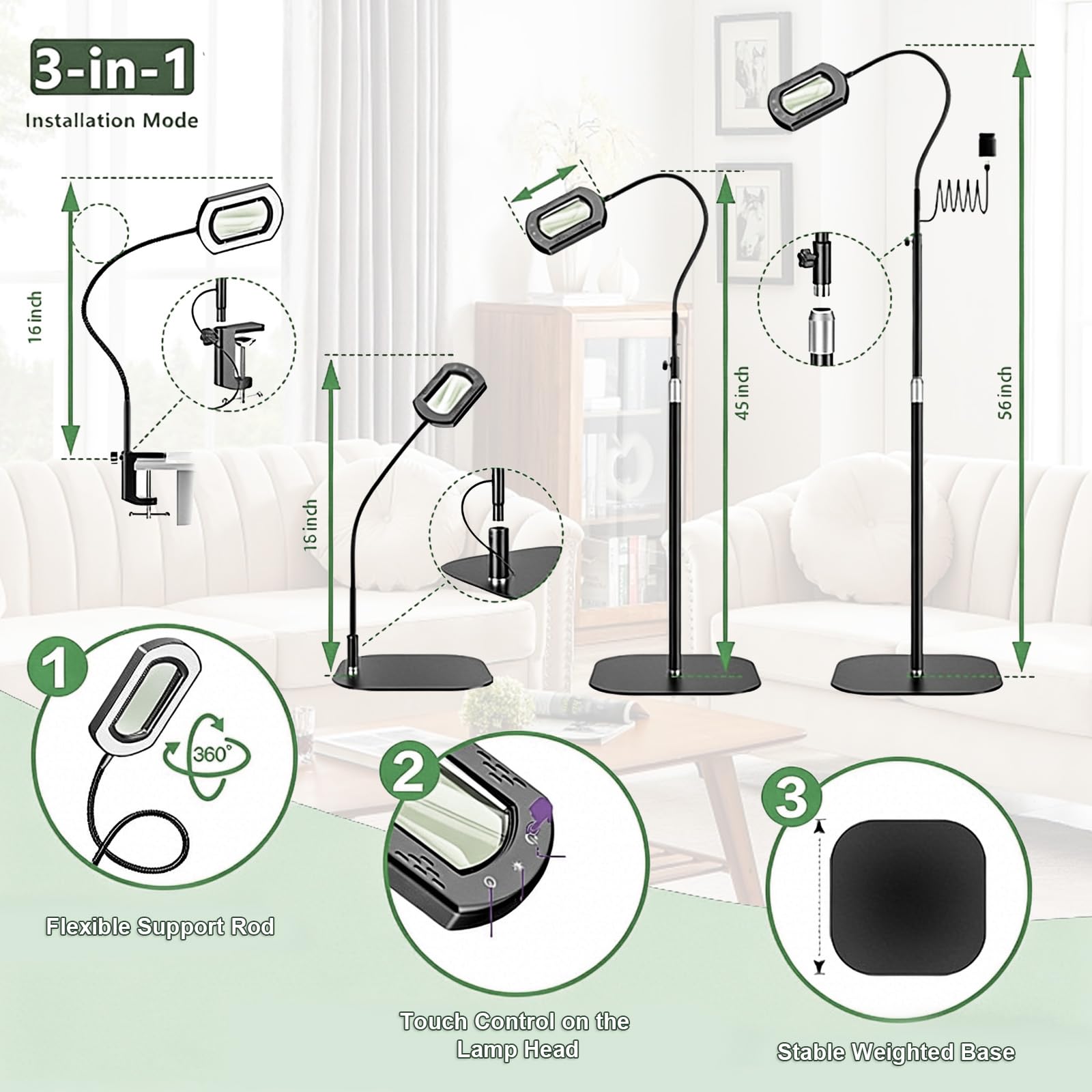 Lupa de 10 aumentos con luz y soporte, lupa 3 en 1 con luz LED, 5 modos de color, regulable, manos libres, flexible, cuello de cisne para leer, manualidades, pasatiempos, costura, trabajo cercano