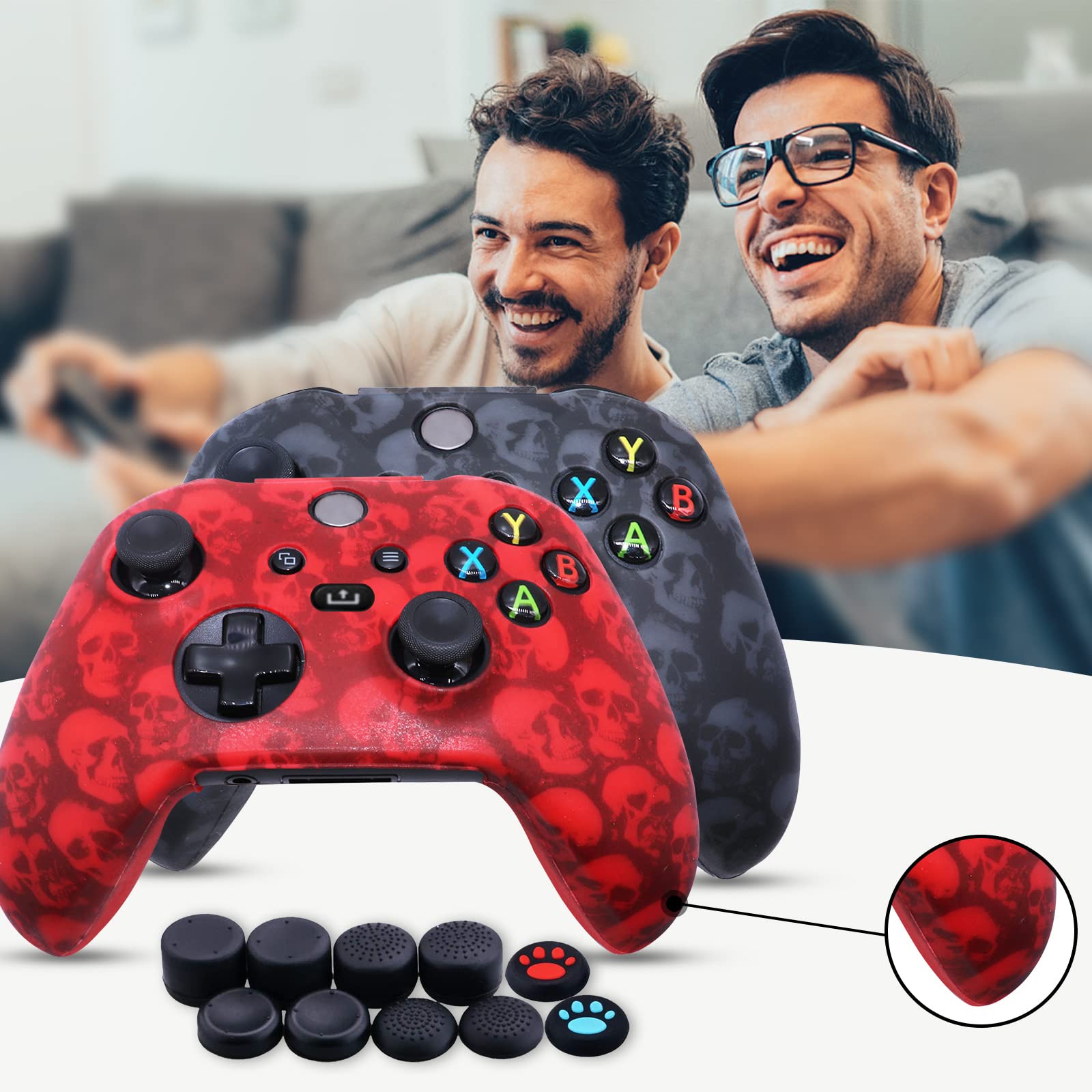 [2PCS] Jusy Xbox Series X/S Manette Housse en Silicone Coque, Atidérapante, Ensemble D'accessoires de Protection, avec 10 Poignées pour Le Pouce (crânes comiques)