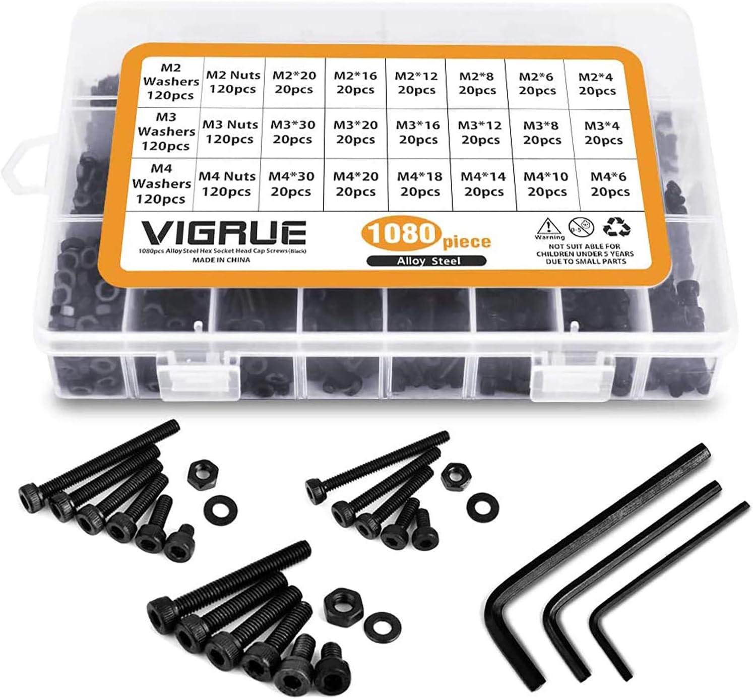 VIGRUE 1080Pcs M4 M3 M2 Socket Head Cap Screws Bolts Nuts Washers Assortment Kit with Allen Wrenches, Small Metric Screws Set Assortment, Black Screws Class 12.9 Alloy Steel