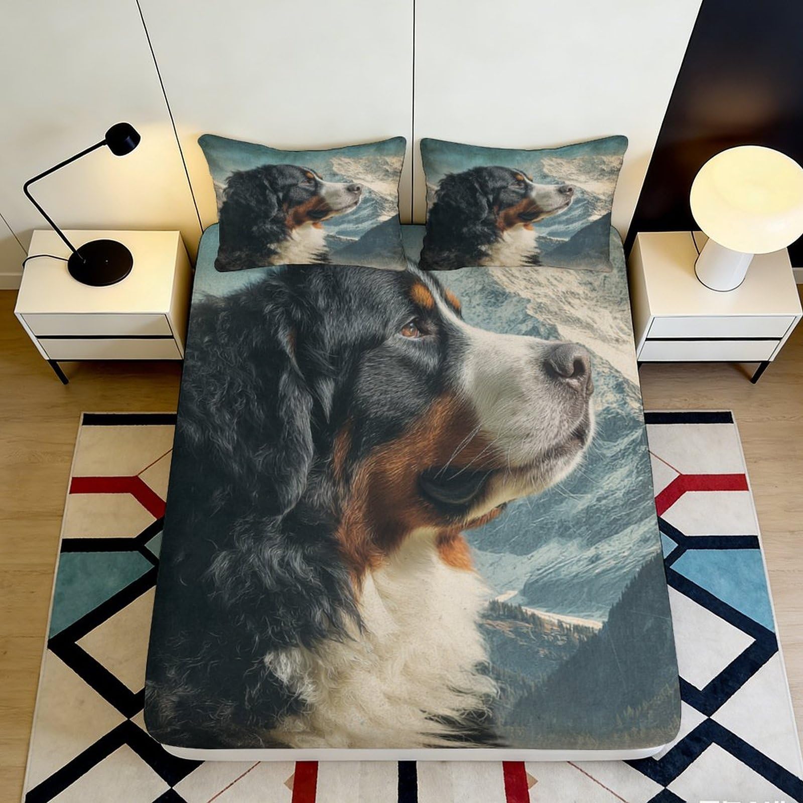 3D Printed Bernese Mountain Dog Fitted Sheet Microfiber Soft Anti-Slip Scenic Mountain Mattress Cover Bedroom Dorm Decor 90x200x25cm
