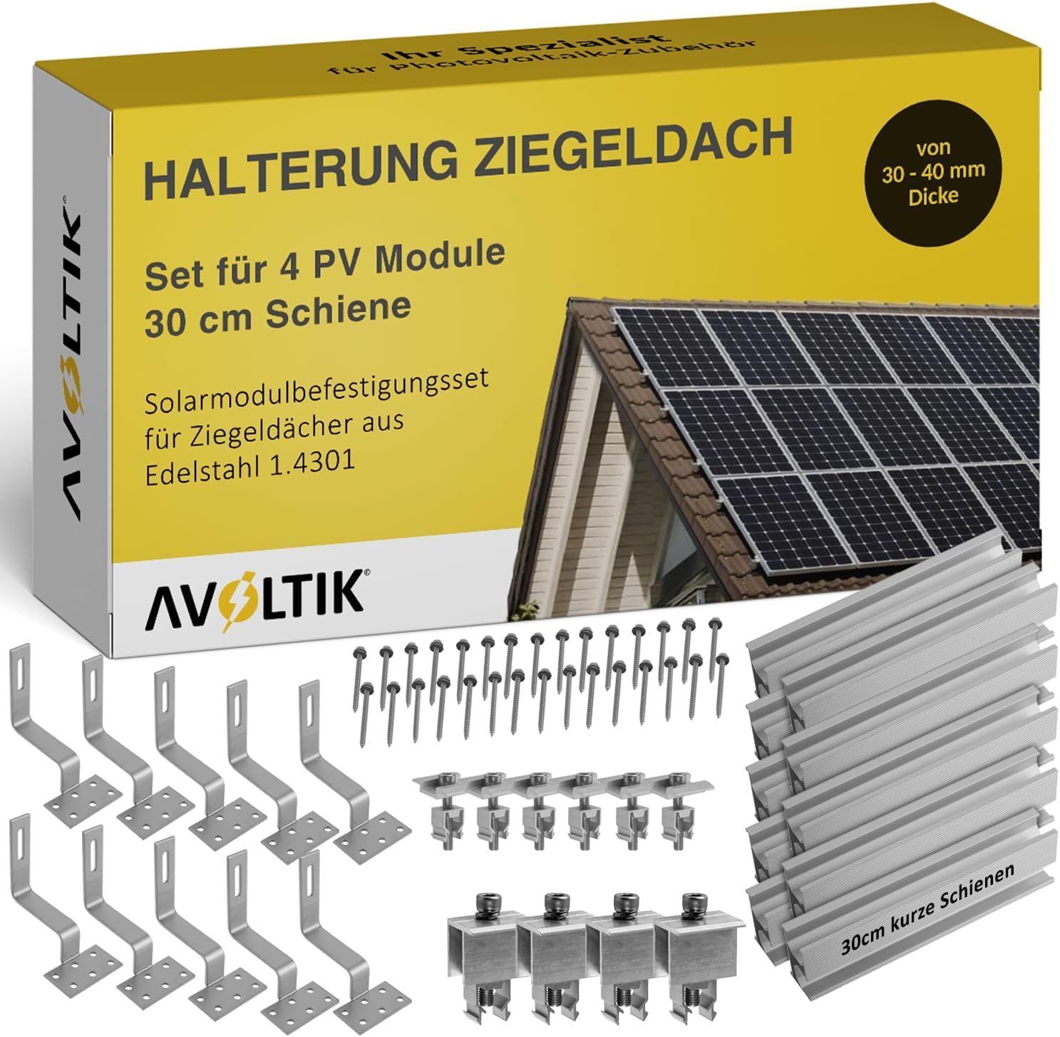 Solar Halterung Ziegeldach I Set für 4 PV Module 30-40mm I Solarmodul Halterung Balkonkraftwerk I Solarmodulbefestigungsset für Ziegeldächer aus Edelstahl 1.4301
